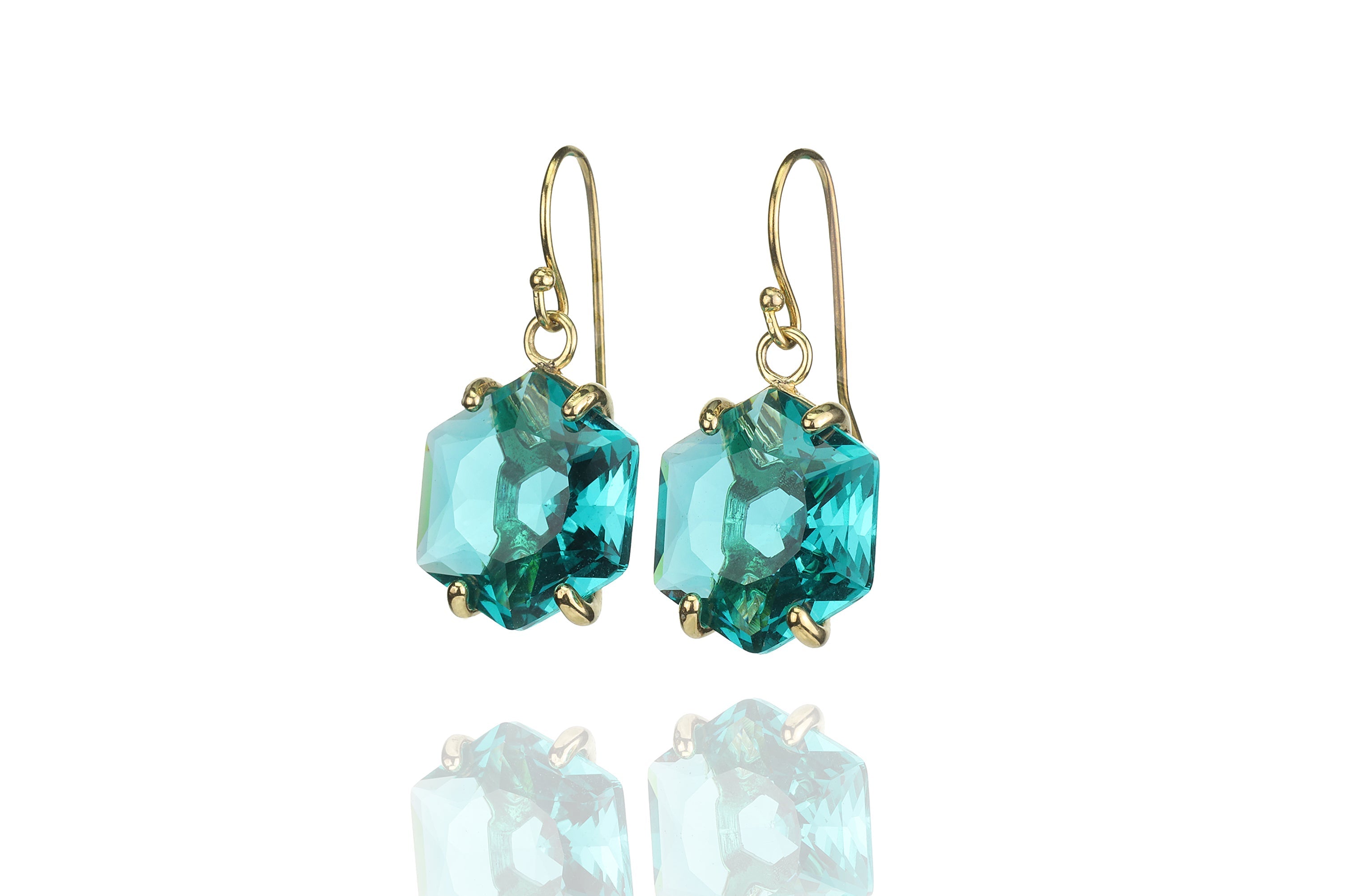 Gold Hexagon Cut Blue Tourmaline Dangle Earrings Earrings Anemone Jewelry