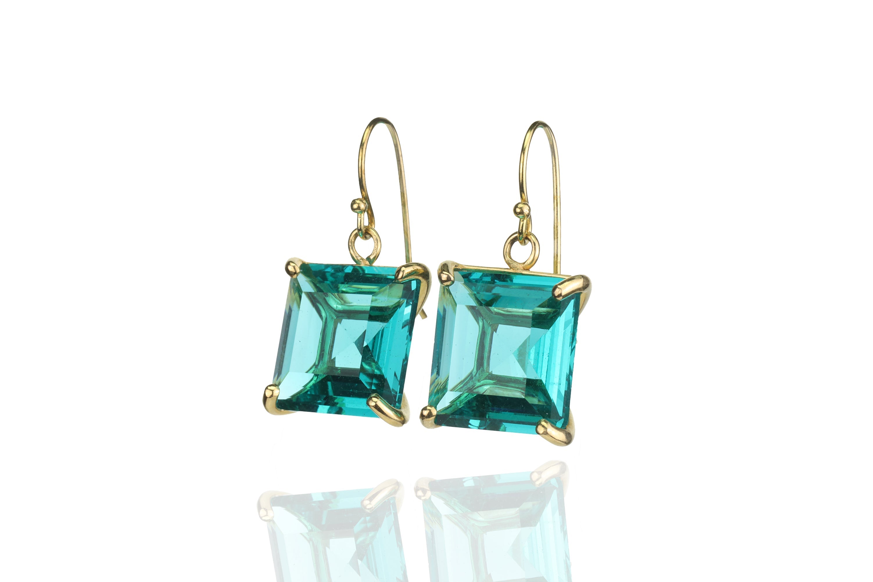 Square Cut Blue Tourmaline Dangle Gold Statement Earrings Earrings Anemone Jewelry