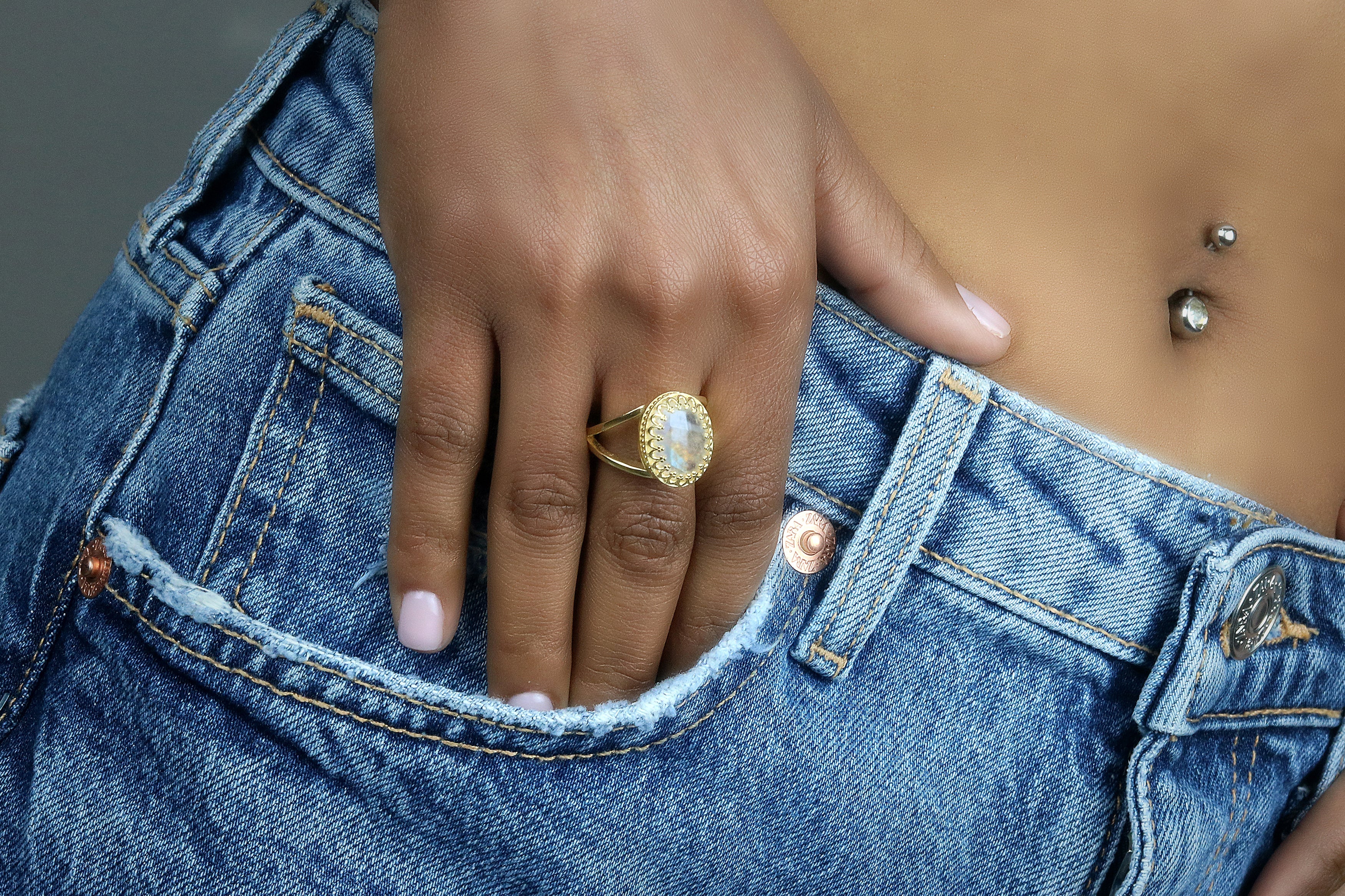 Delicate White Moonstone Ring in 14k Gold Rings Anemone Jewelry