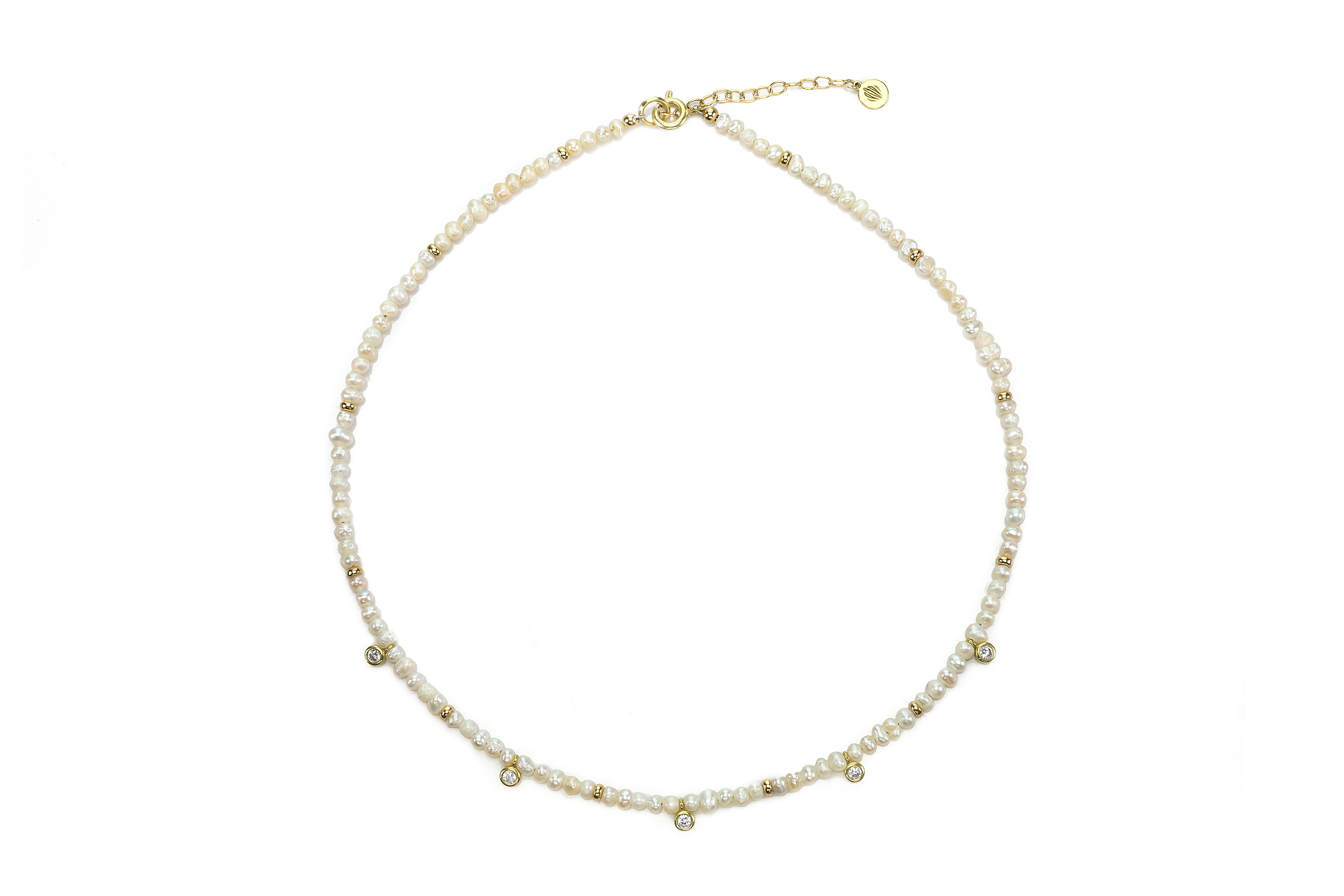 Freshwater Pearl Beaded Gold Necklace with CZ Charm necklaces Anemone Unique