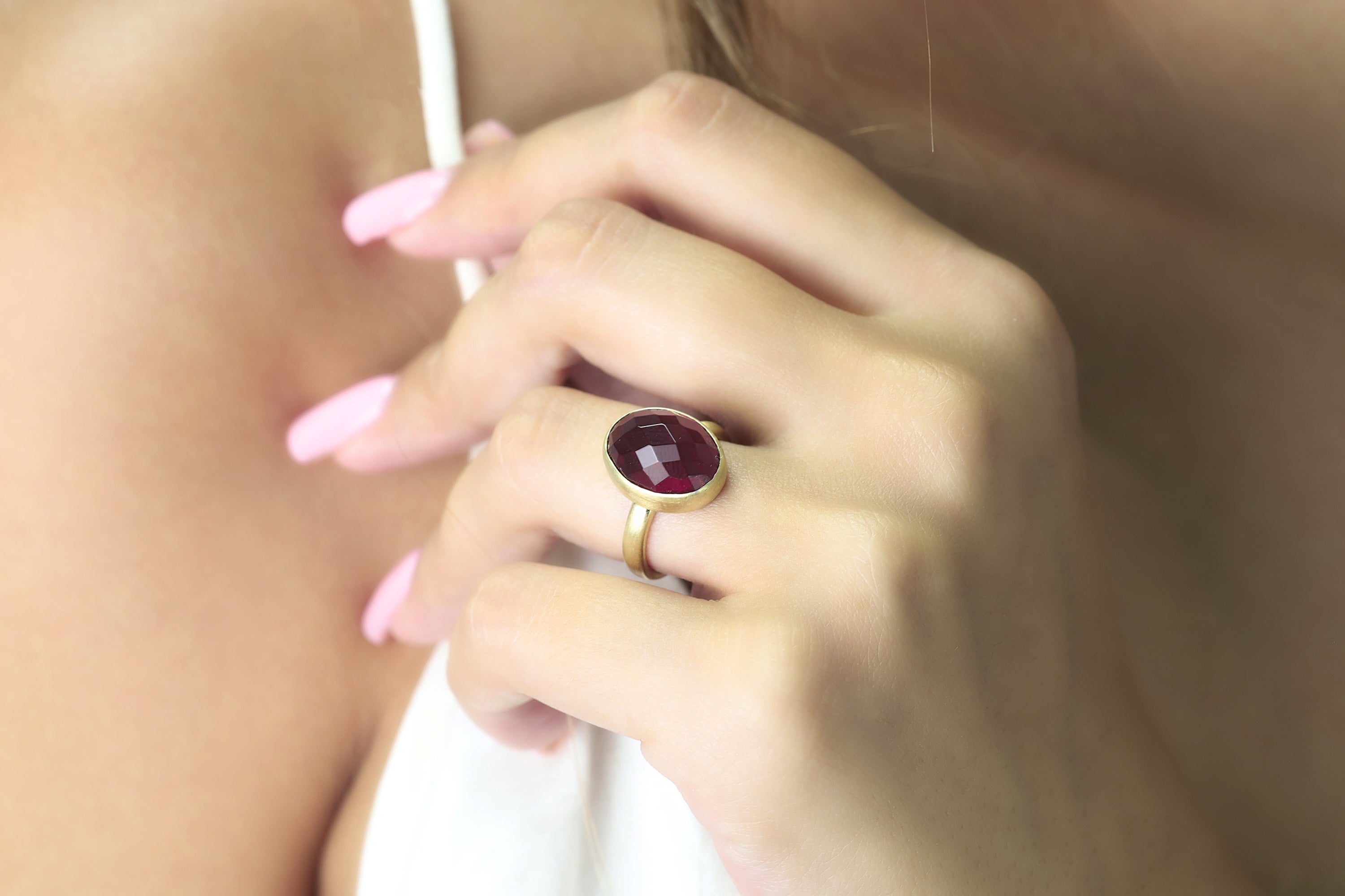 Oval Cut Garnet Gemstone Ring in Bezel Gold Setting Rings Anemone Limited