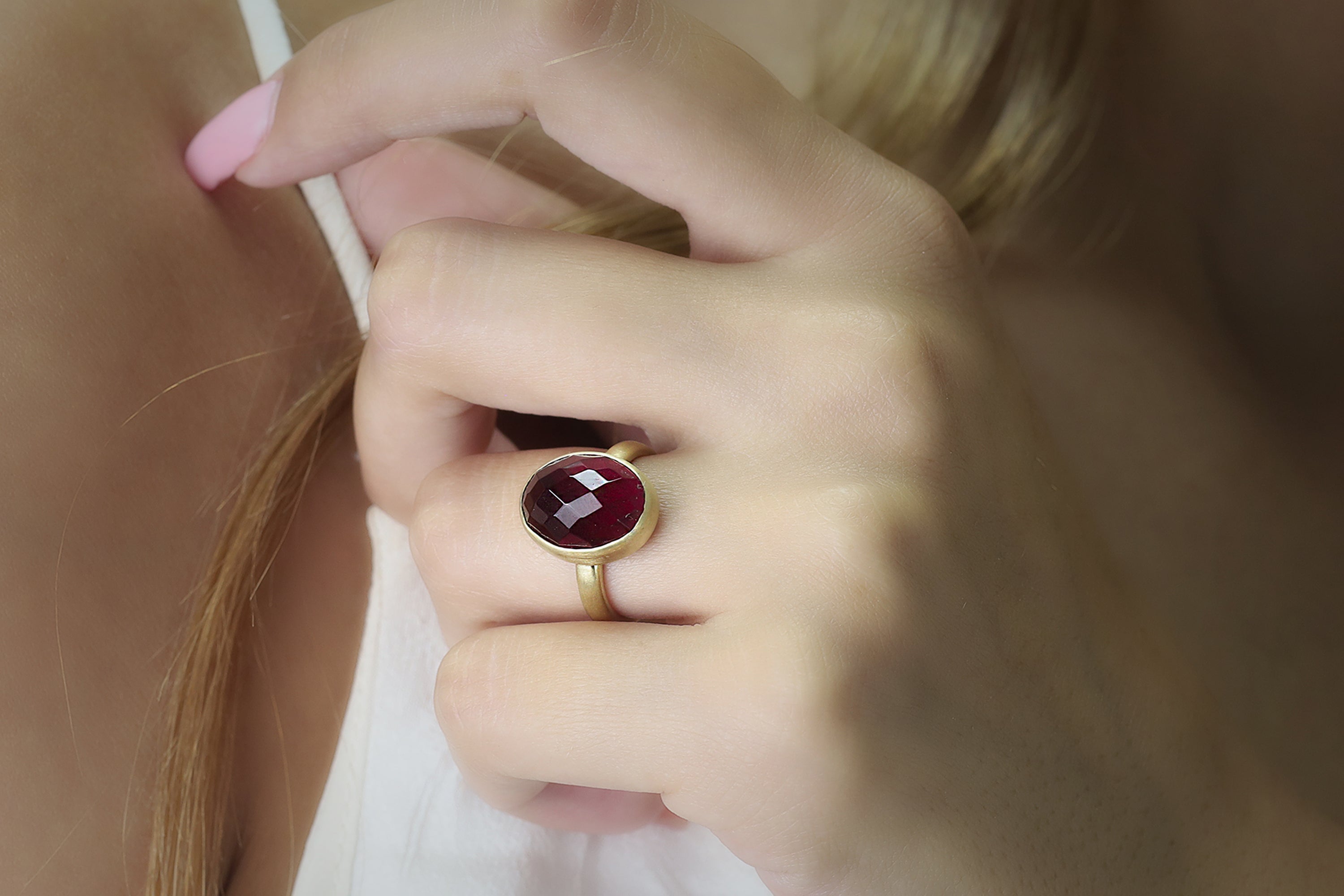 Oval Cut Garnet Gemstone Ring in Bezel Gold Setting Rings Anemone Limited