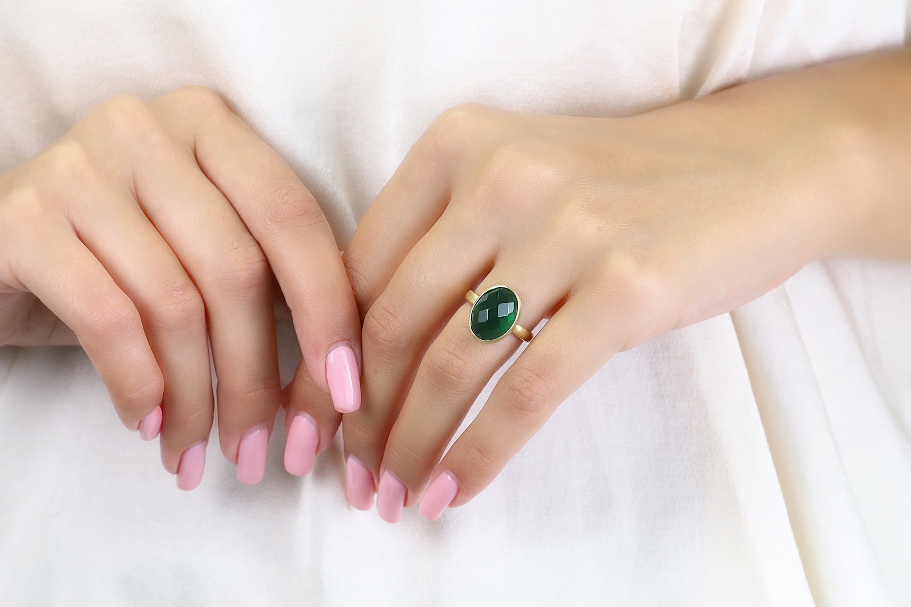 Matte Finish Oval Cut Bezel Emerald Ring in Gold Rings Anemone Limited