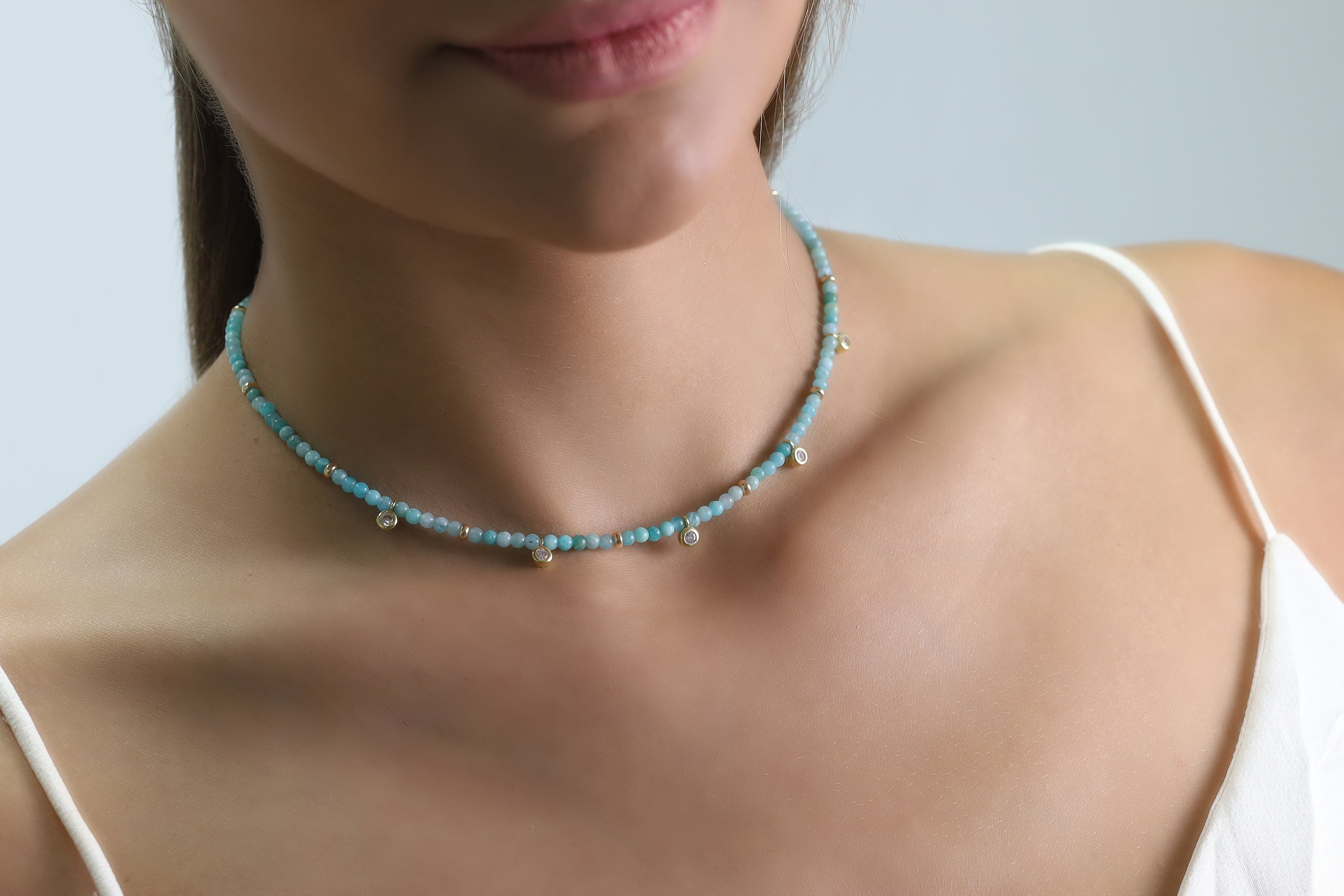 Amazonite Beaded Gold Necklace with Small CZ Charms necklaces Anemone Unique
