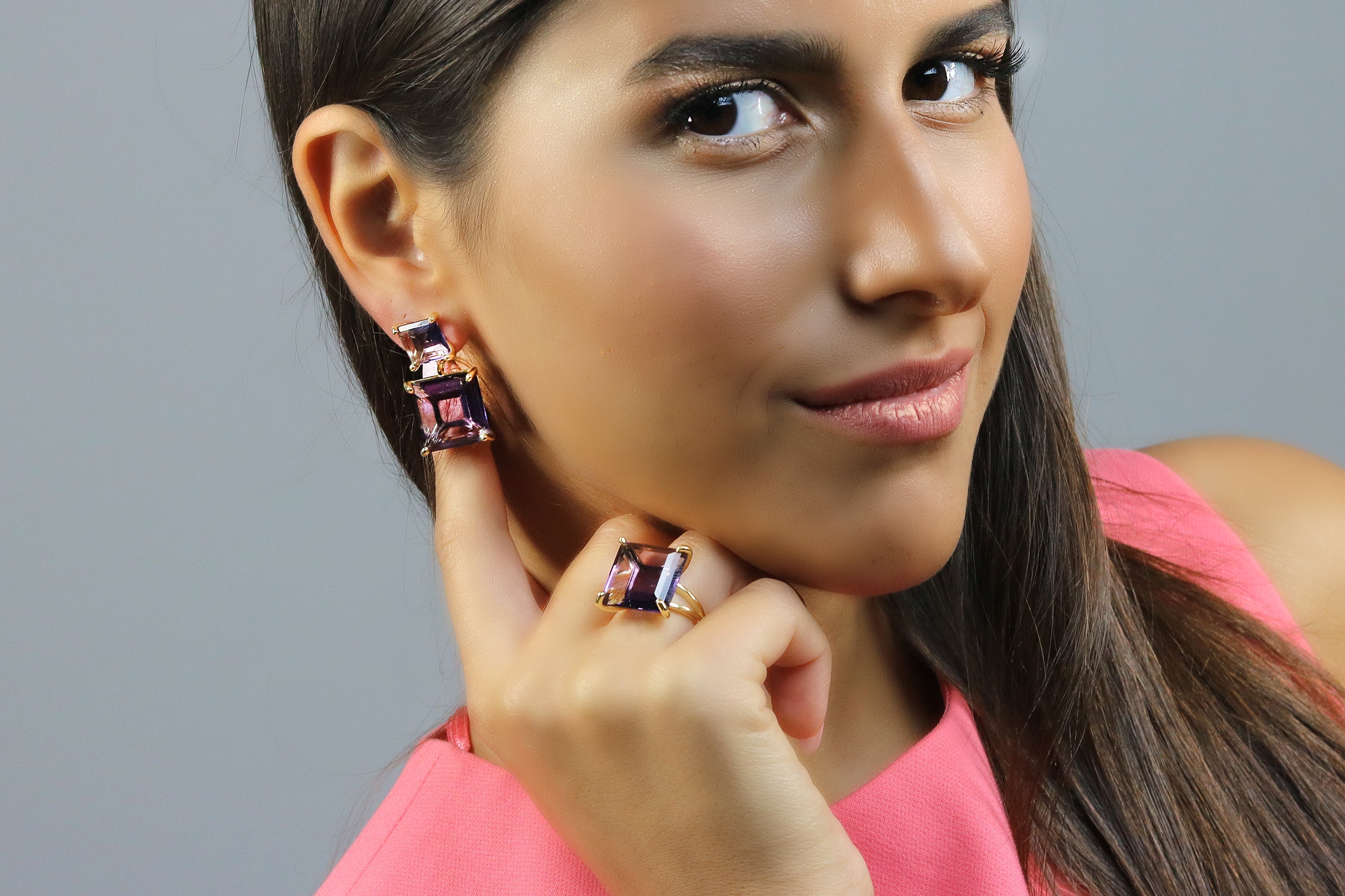 Two-Stone Gold Amethyst Earrings Earrings Anemone Jewelry