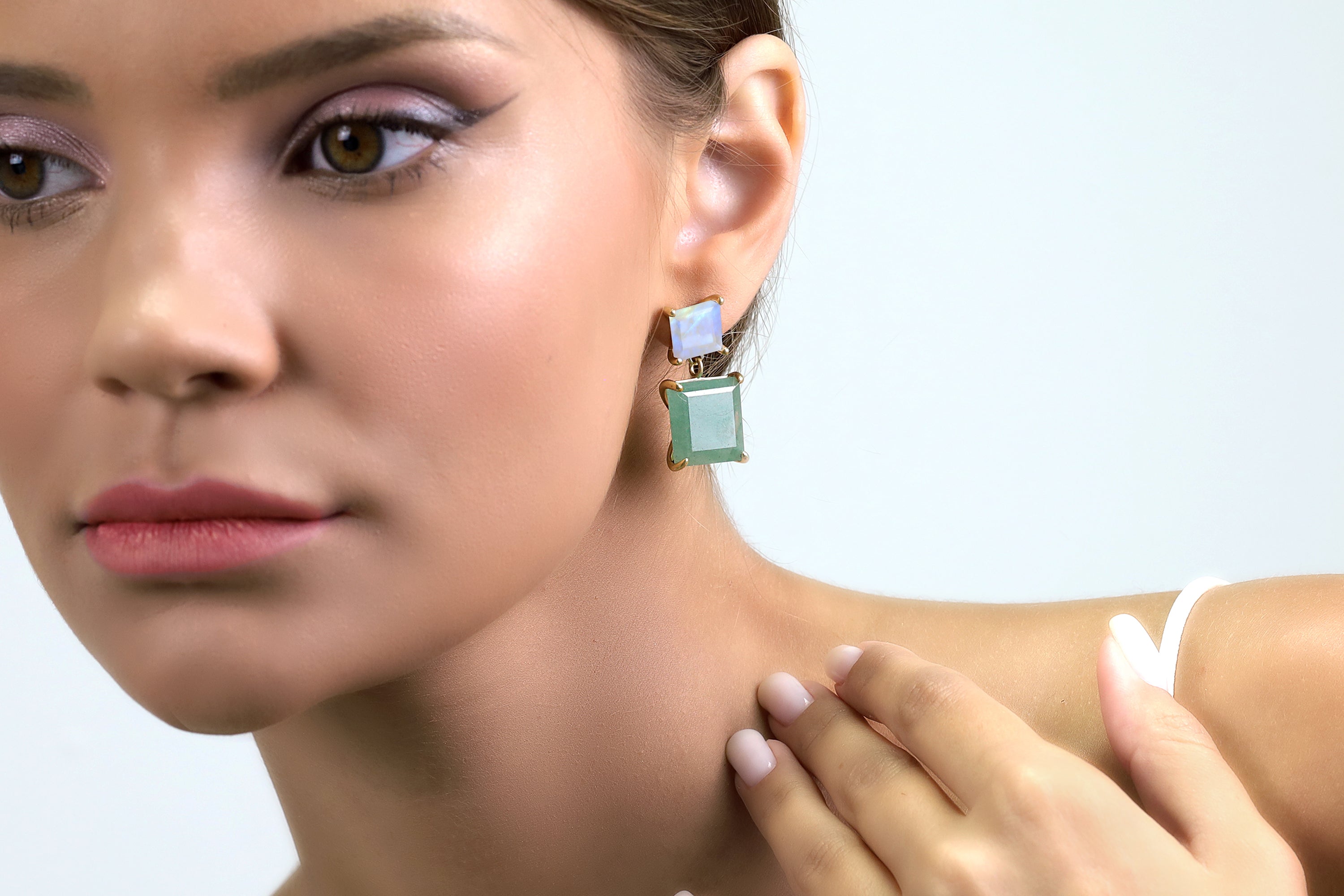 Square Rainbow Moonstone & Green Aventurine Gold Earrings Earrings Anemone Jewelry