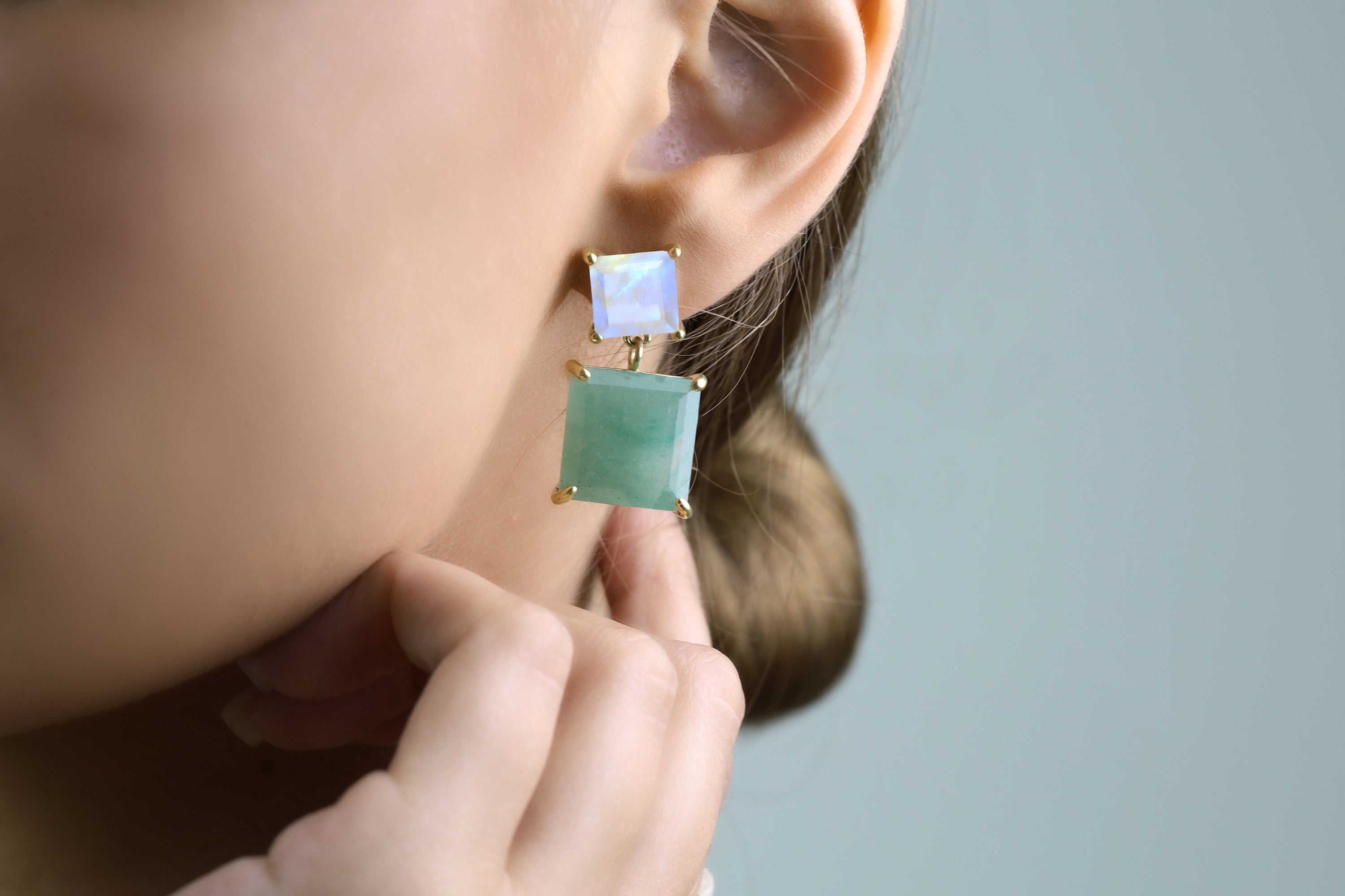 Square Rainbow Moonstone & Green Aventurine Gold Earrings Earrings Anemone Jewelry