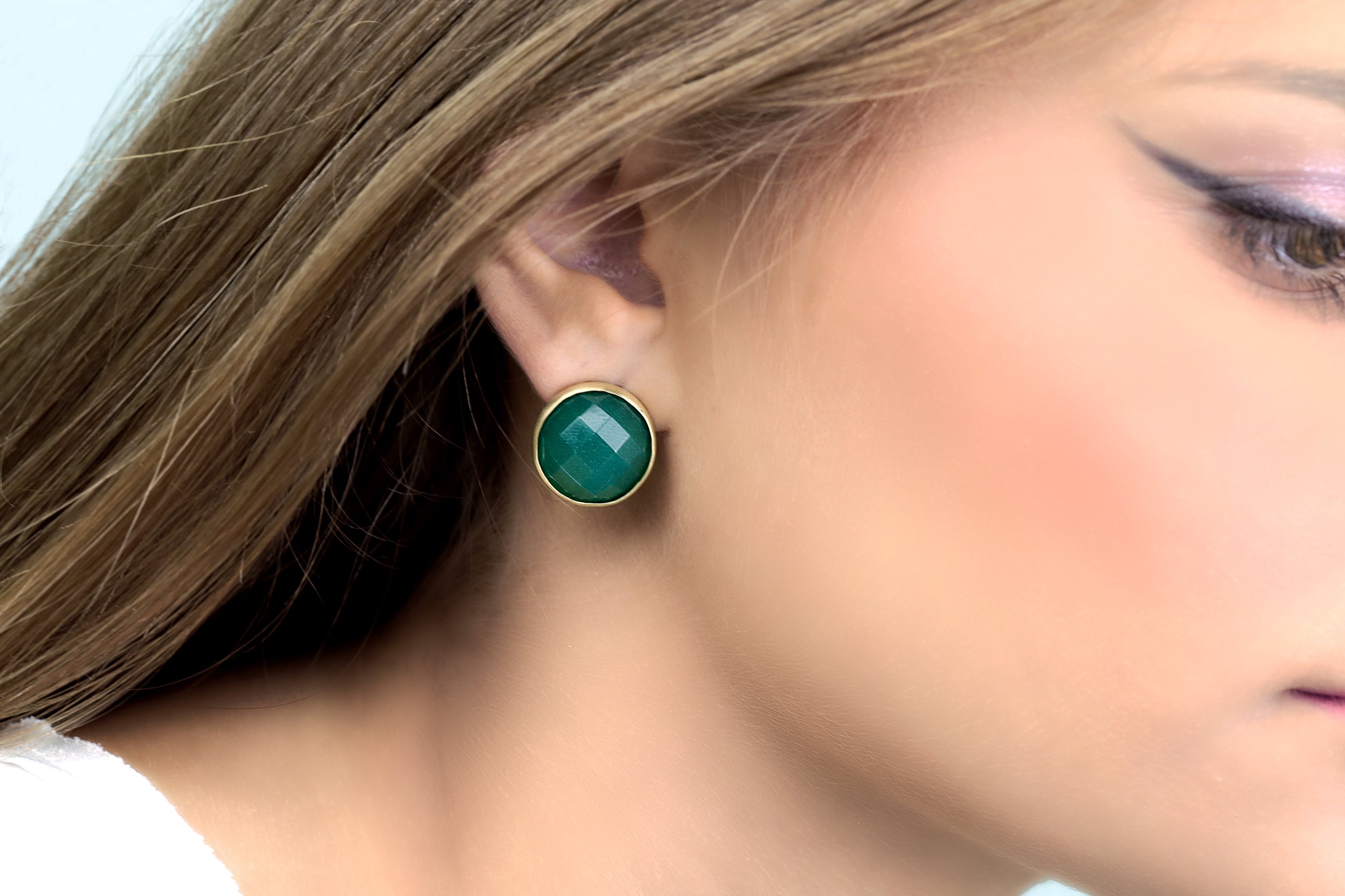 Vibrant 14k Gold Stud Green Onyx Bezel Set Earrings Earrings Anemone Limited