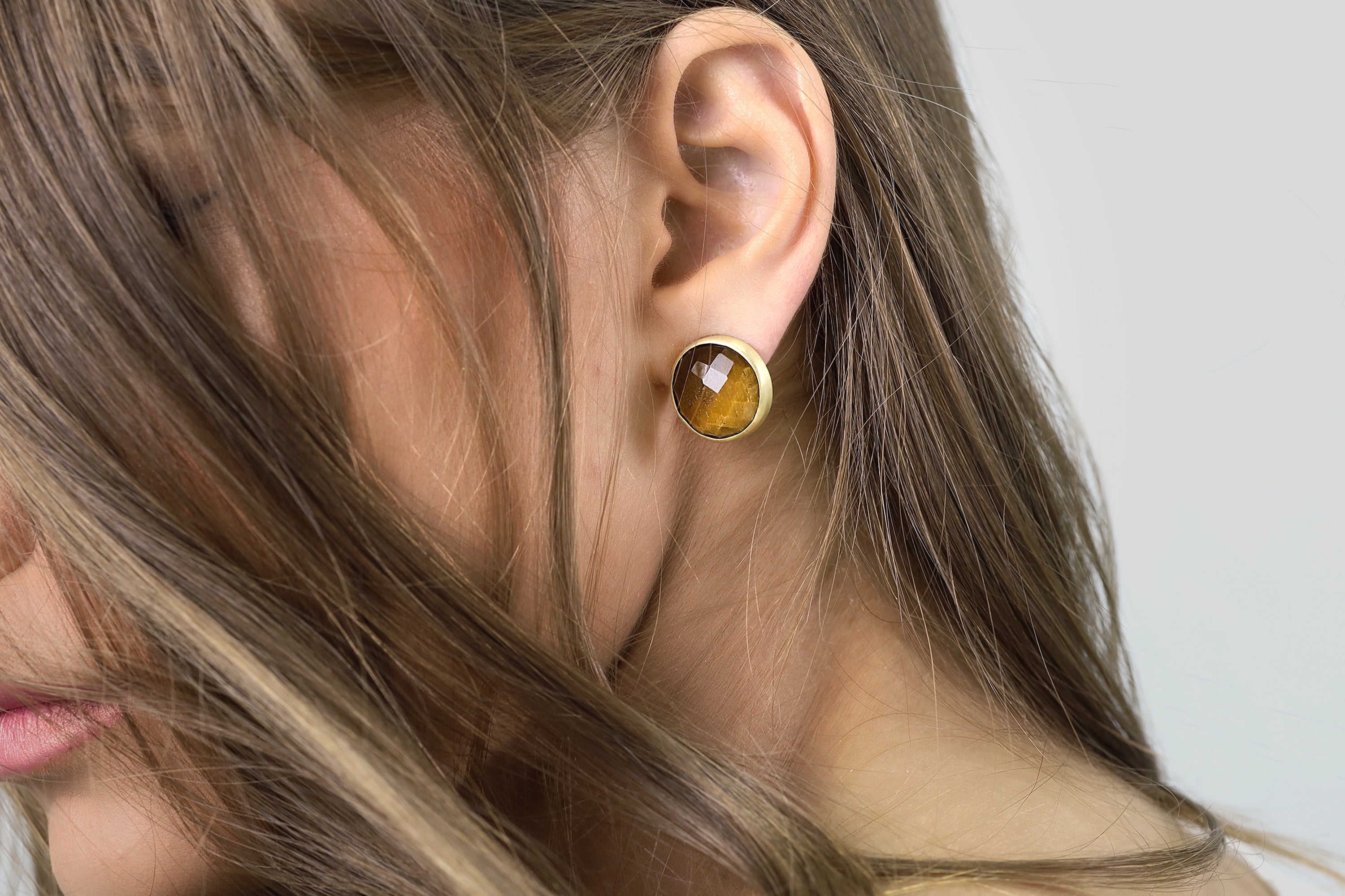 Tiger Eye Gemstone Earrings in Bezel Gold Setting Earrings Anemone Limited