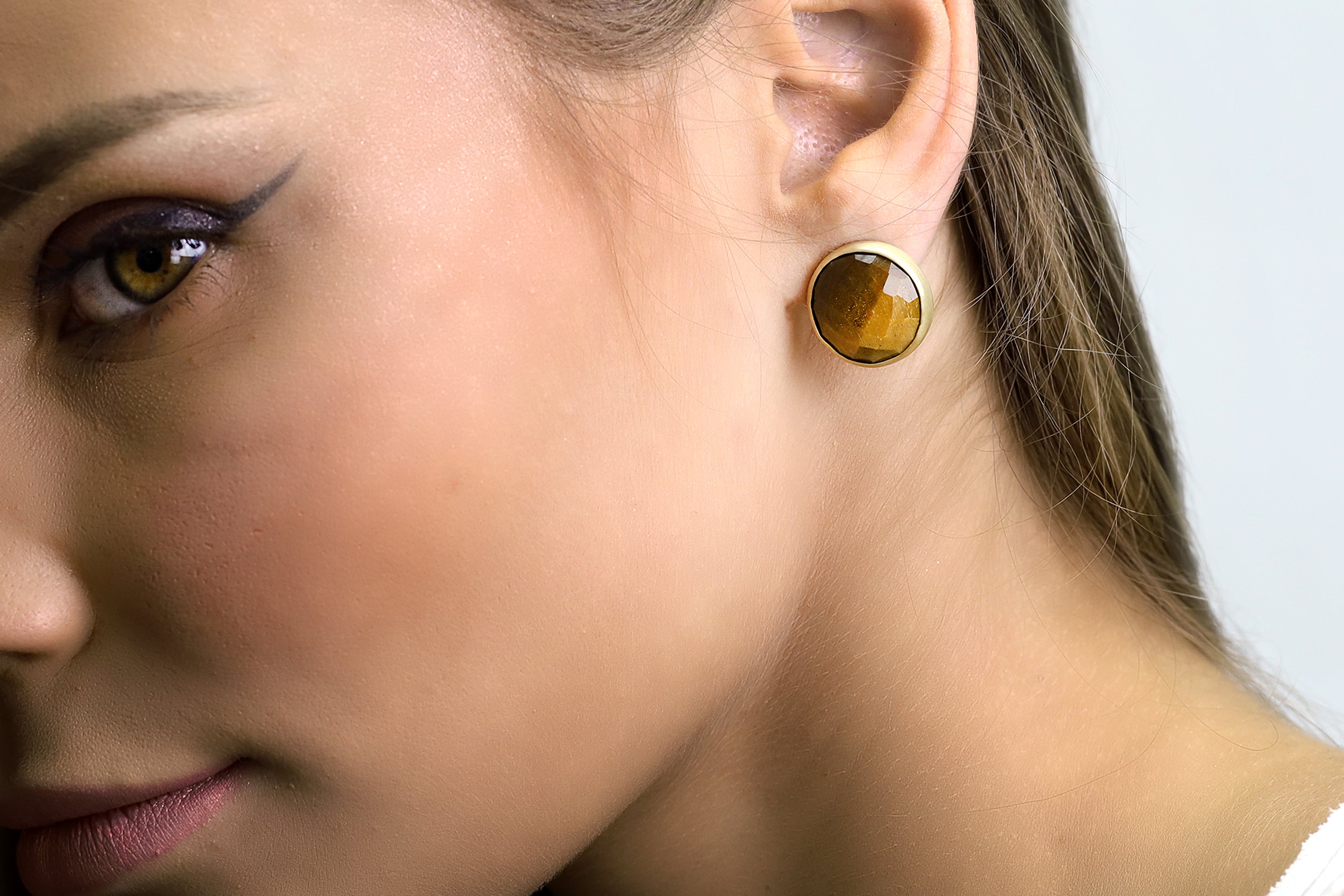 Tiger Eye Gemstone Earrings in Bezel Gold Setting Earrings Anemone Limited