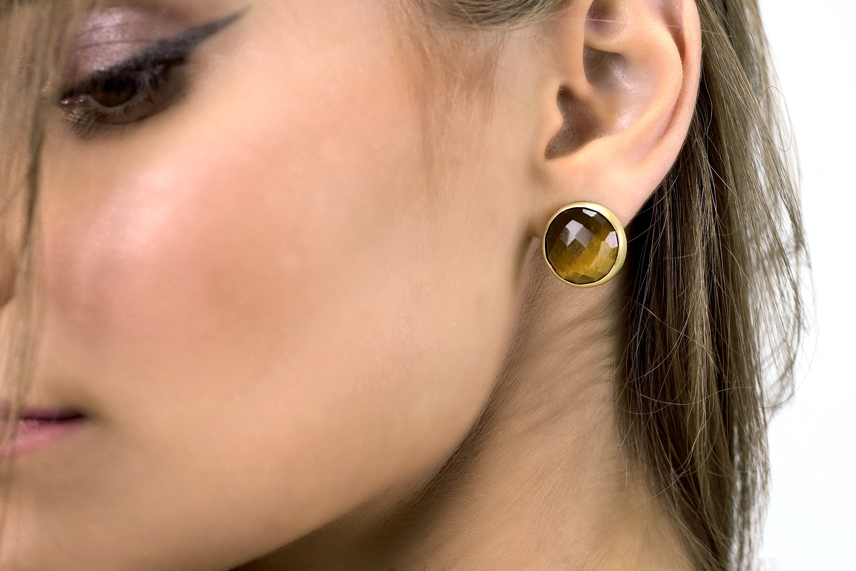 Tiger Eye Gemstone Earrings in Bezel Gold Setting Earrings Anemone Limited