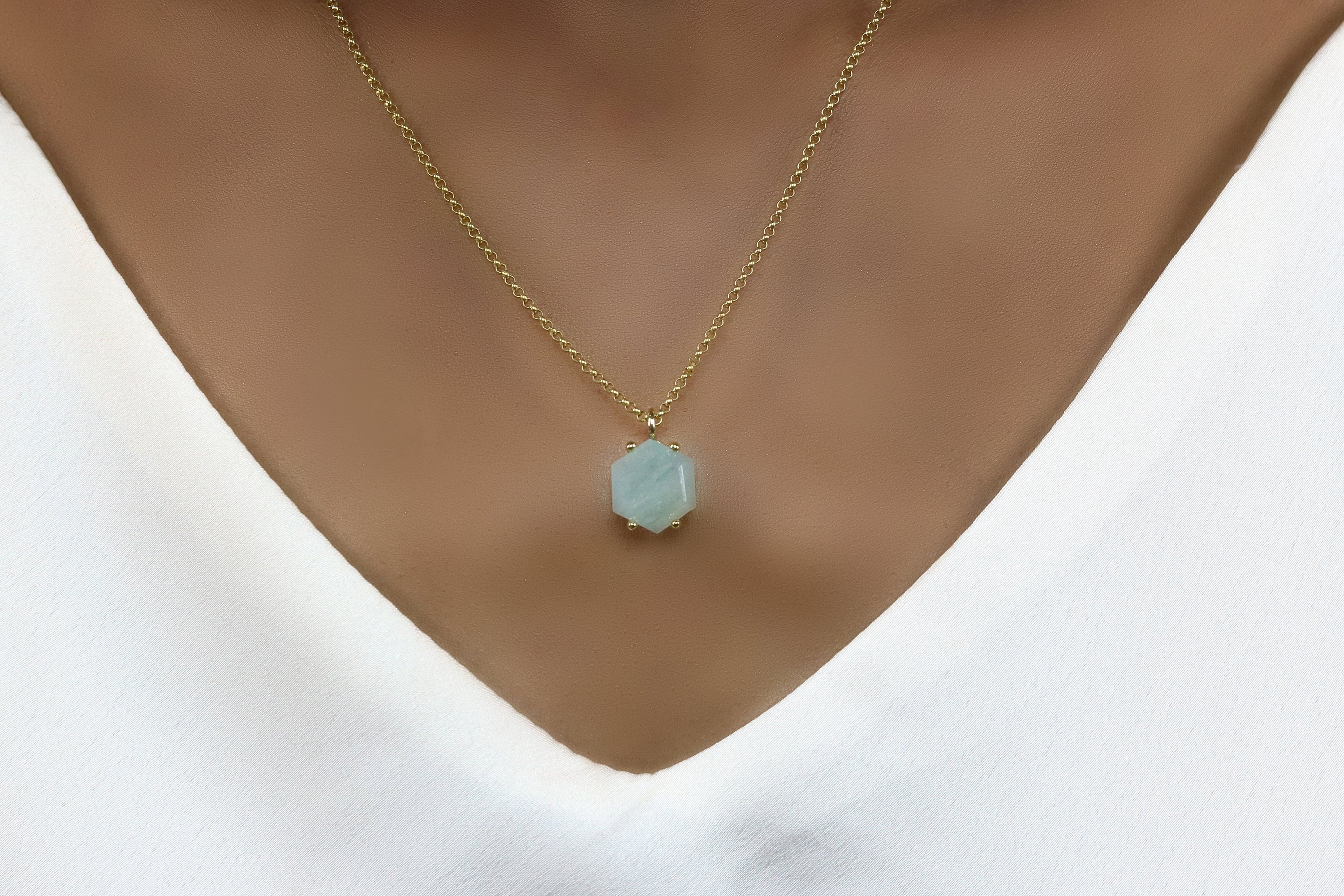Hexagon Pendant Aquamarine Gold Necklace necklaces Anemone Unique
