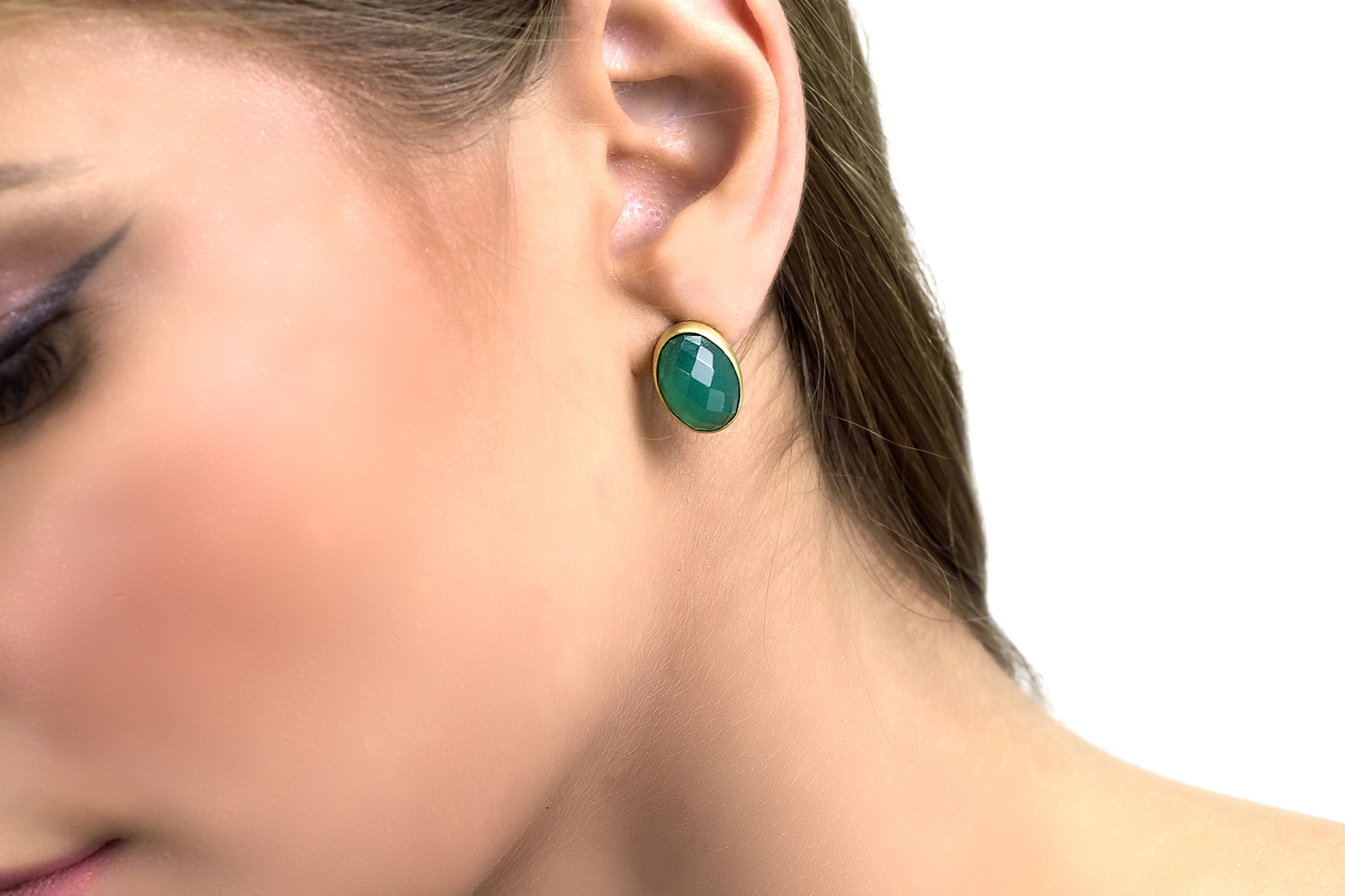 Green Onyx Oval Bezel Set Gold Earrings Earrings Anemone Limited