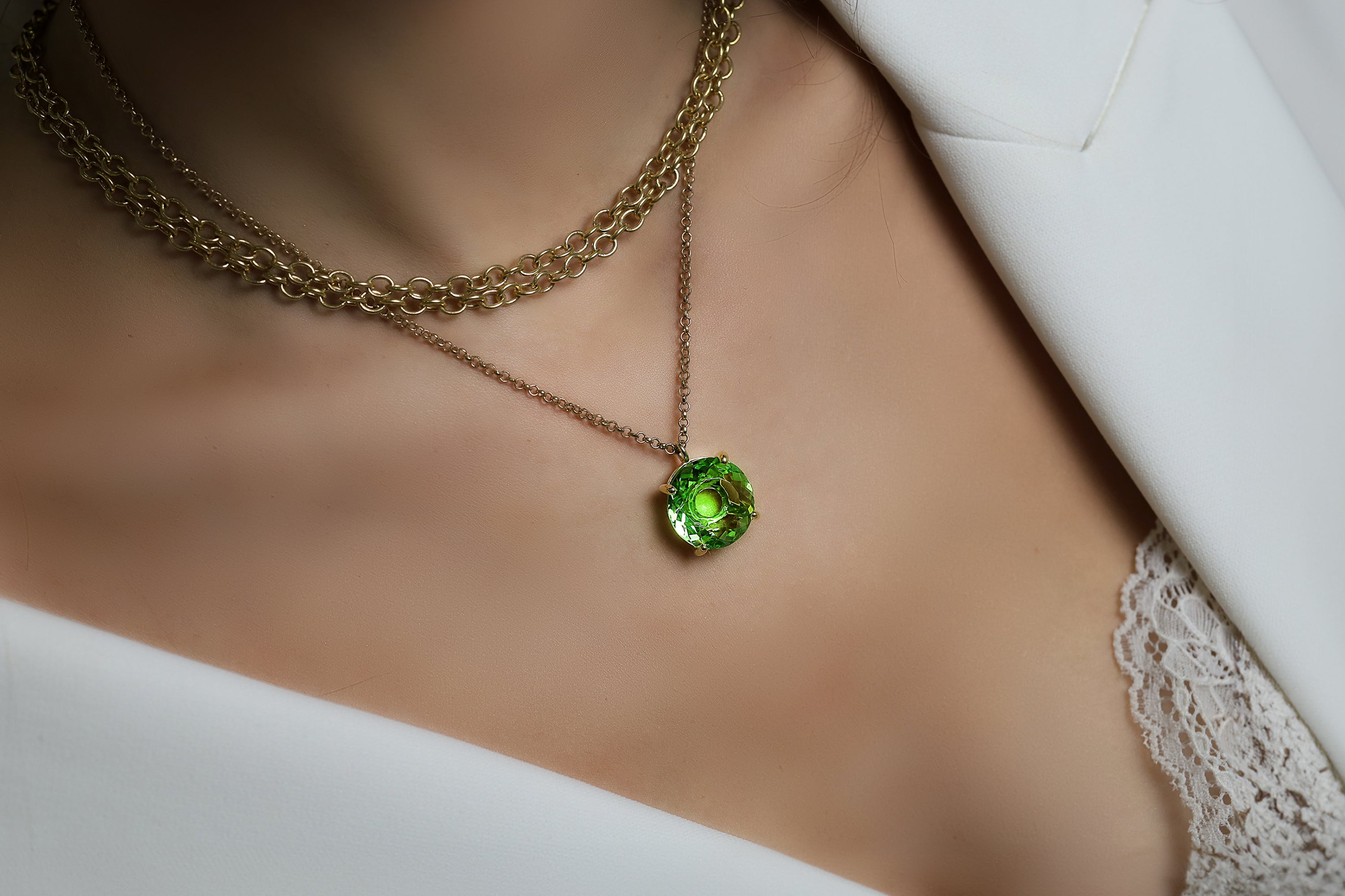 Round Cut Green Tourmaline Pendant Gold Necklace necklaces Anemone Jewelry