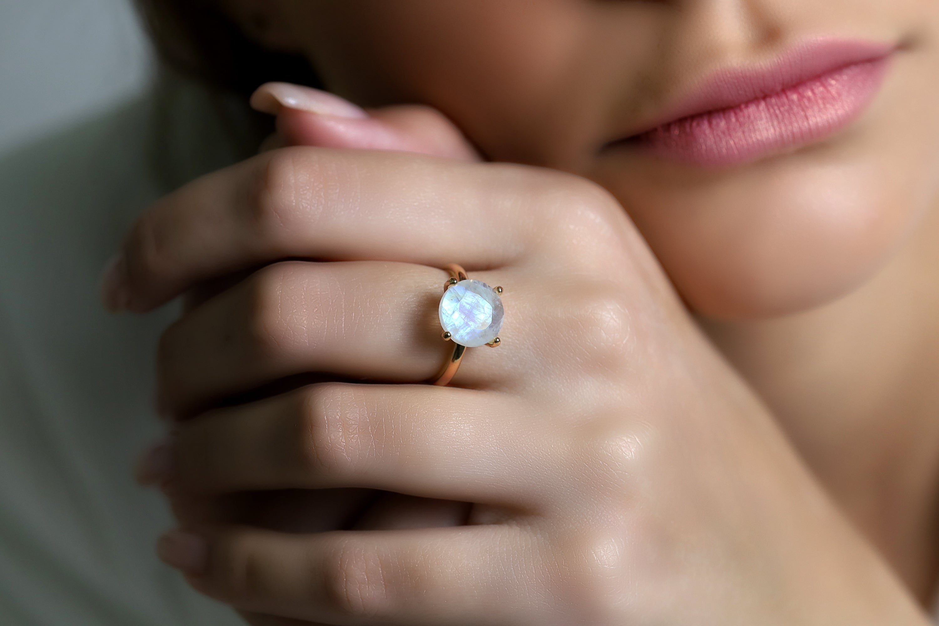 Rainbow Moonstone Solitaire Ring in Rose Gold Rings Anemone Unique