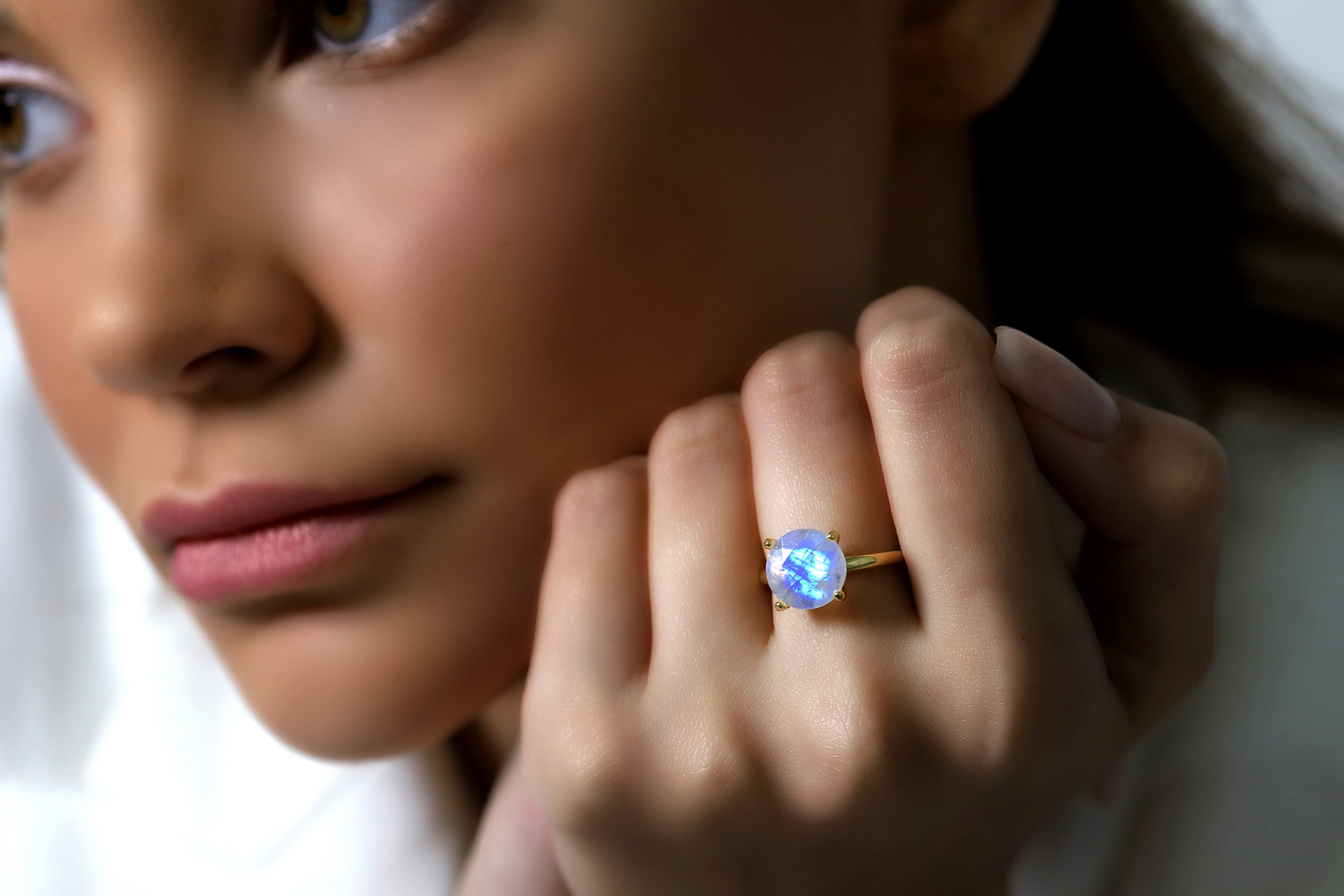 Round Rainbow Moonstone Ring in Gold Rings Anemone Unique