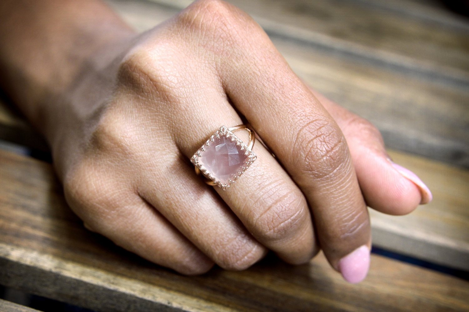 Sophisticated Rose Quartz 14K Rose Gold-filled Double Band Rings Anemone Jewelry