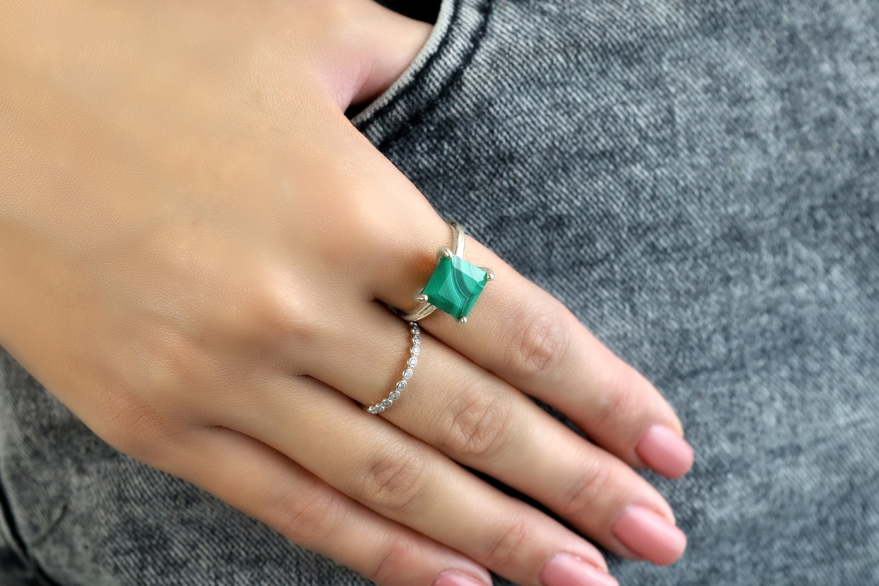 Sterling Silver Square Malachite Ring Rings Anemone Unique