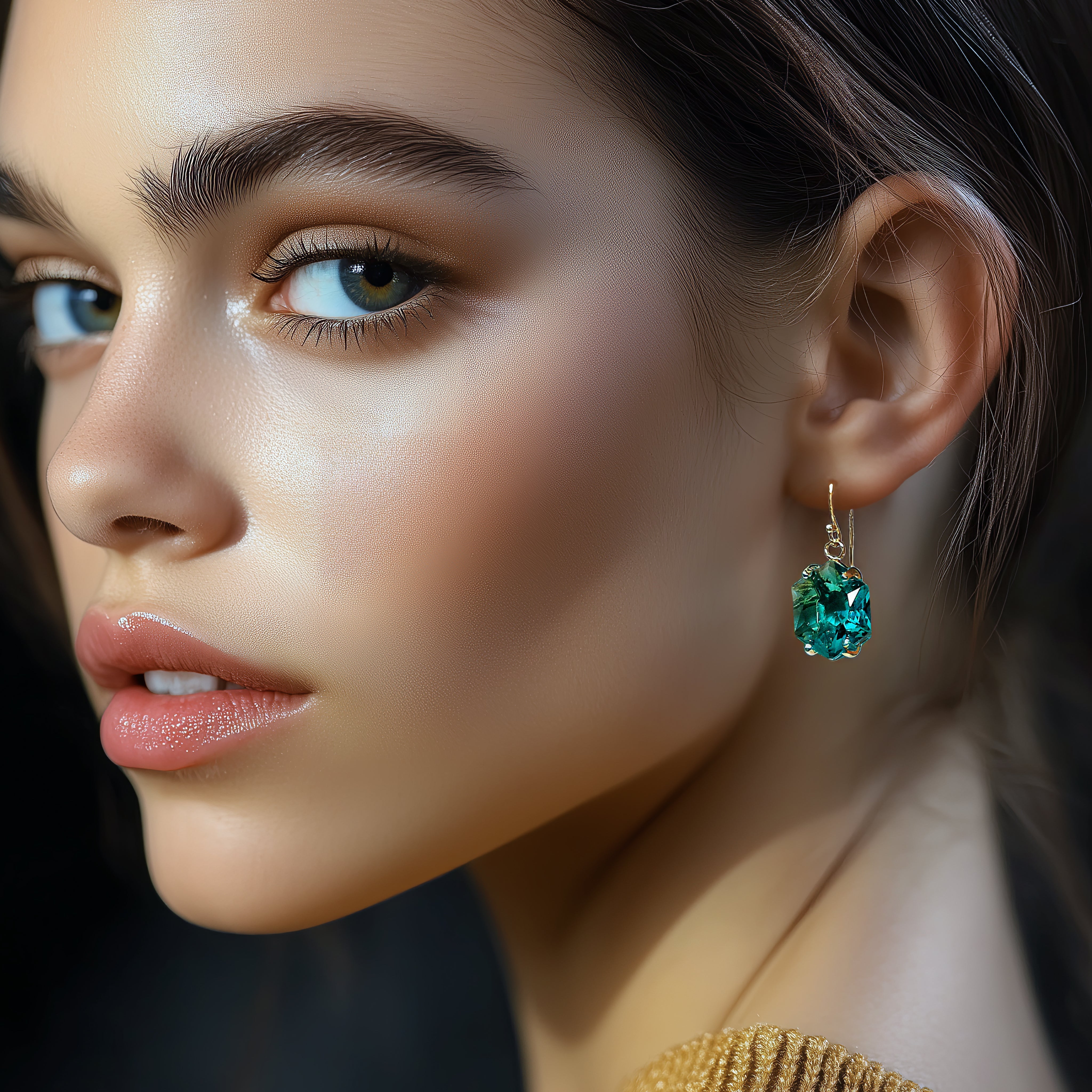 Gold Hexagon Cut Blue Tourmaline Dangle Earrings Earrings Anemone Jewelry