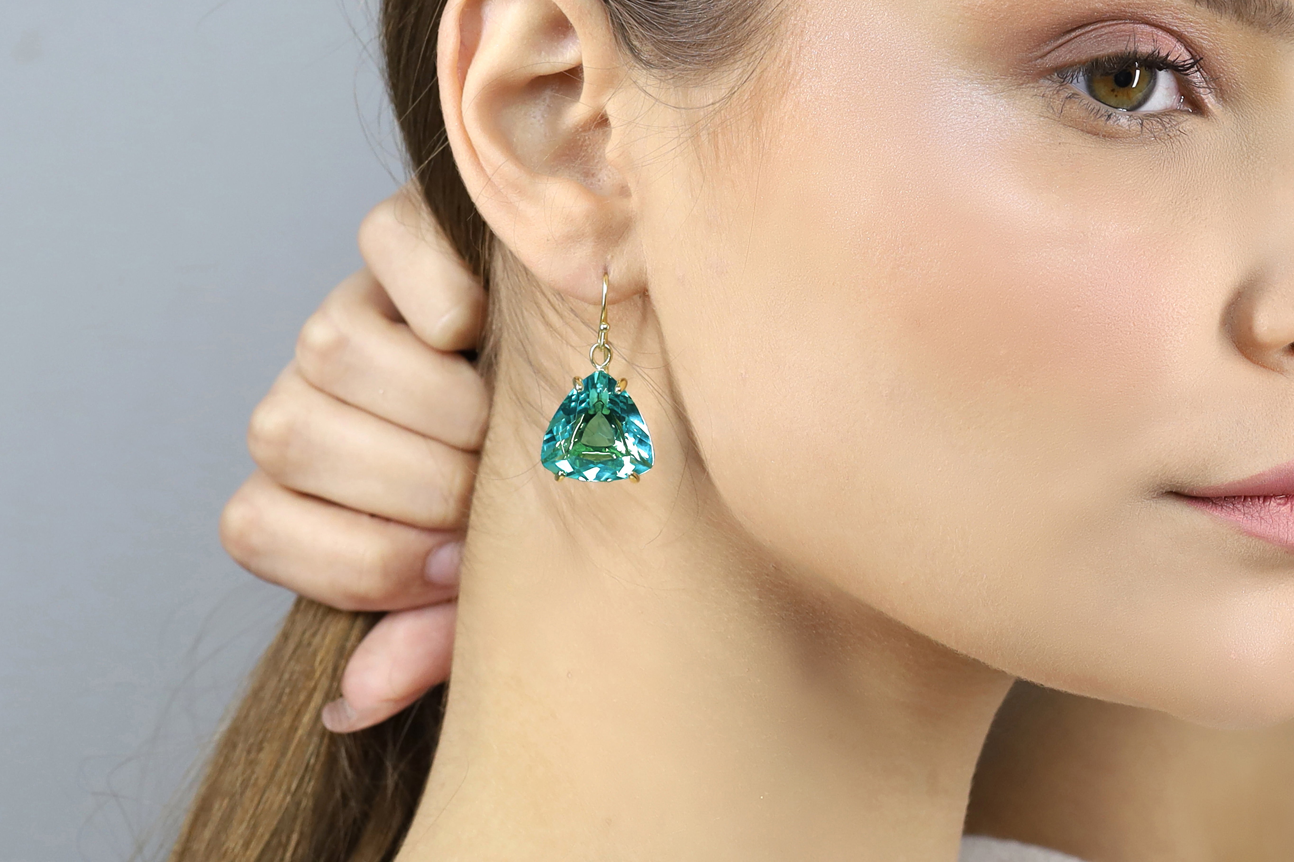 Trillion Cut Blue Tourmaline Gold Dangle Earrings Earrings Anemone Jewelry