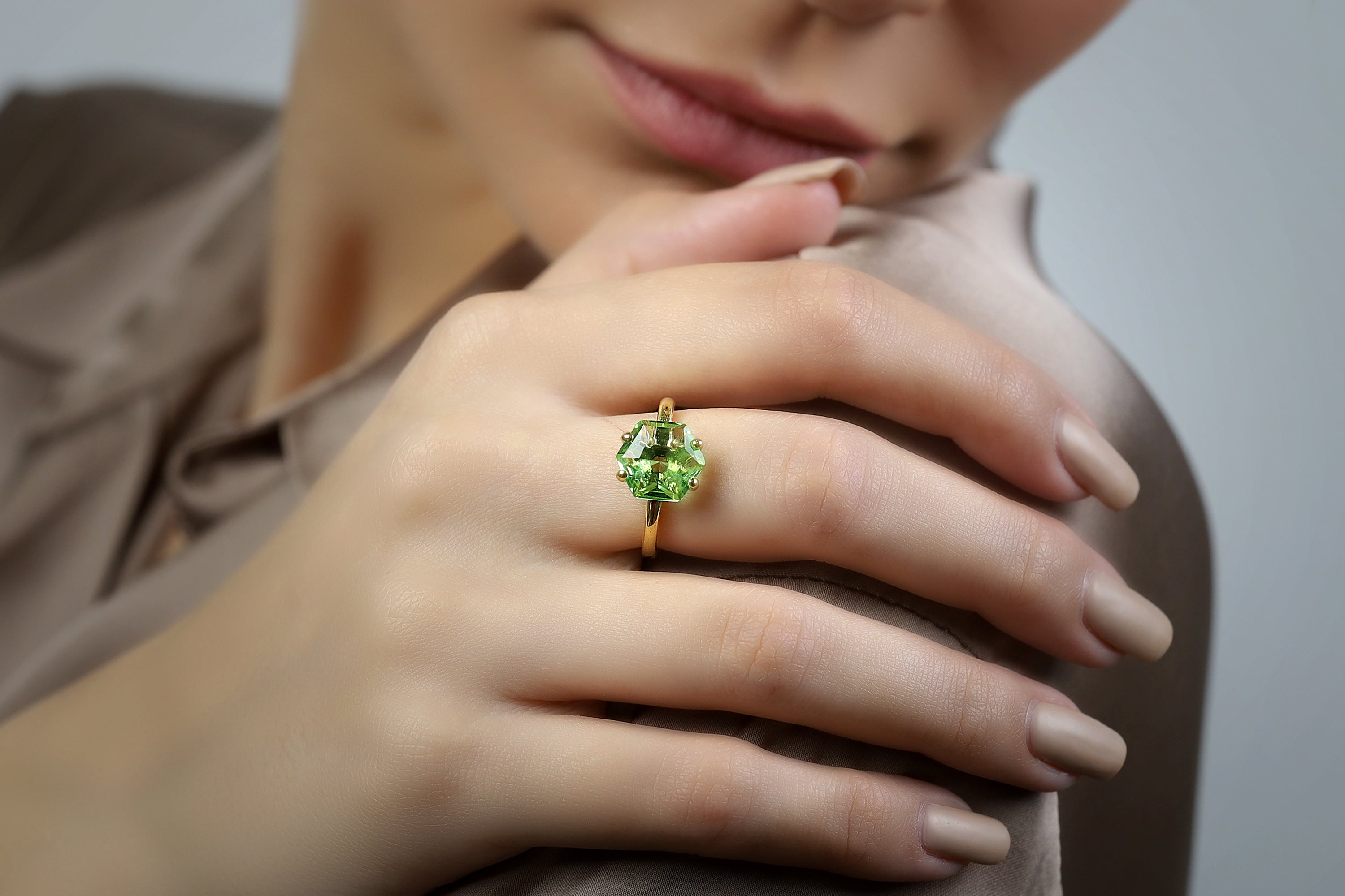 Hexagon Cut Green Tourmaline Solitaire Ring Rings Anemone Unique