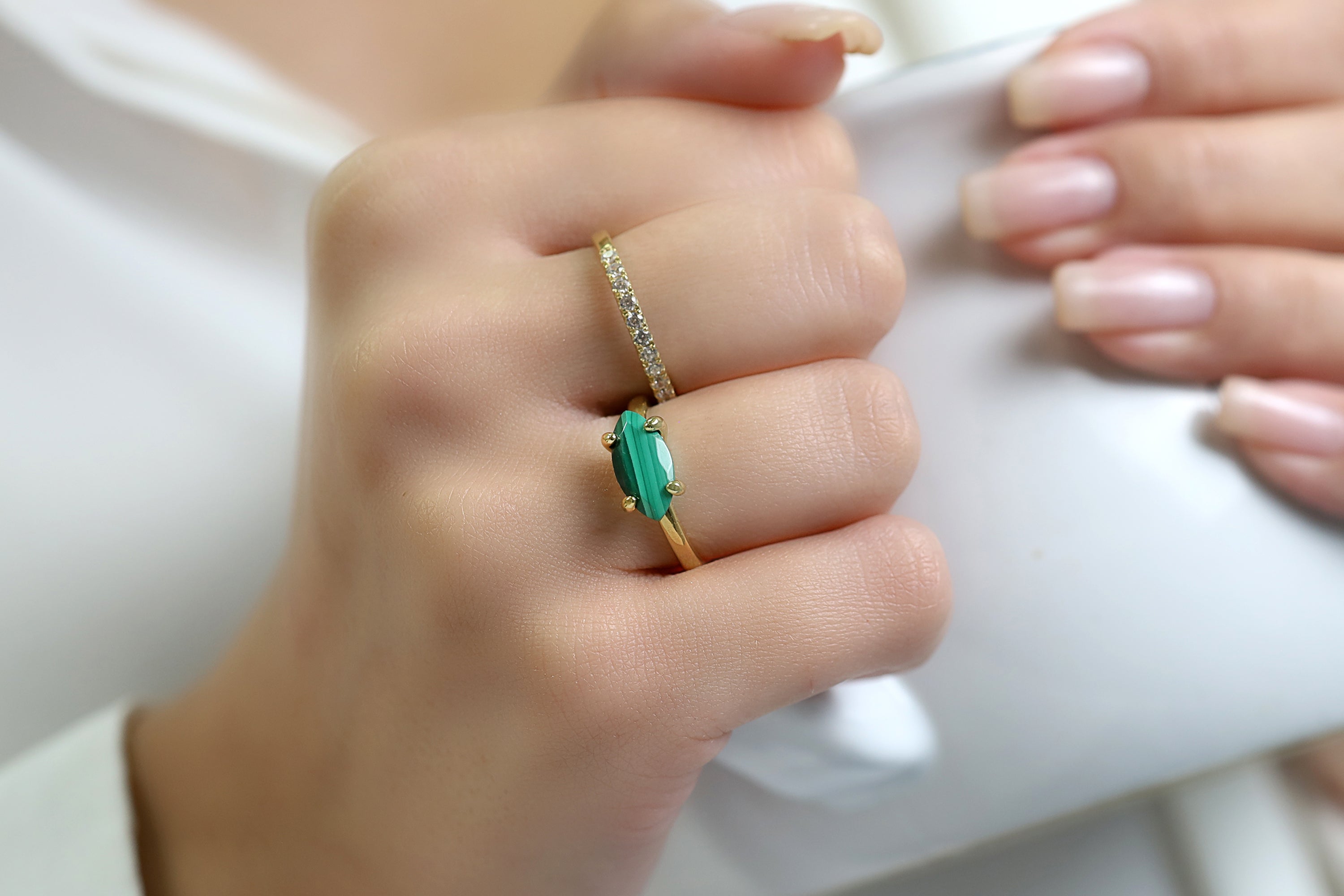 Horizontal Marquise Malachite Gold Filled Ring Rings Anemone Unique