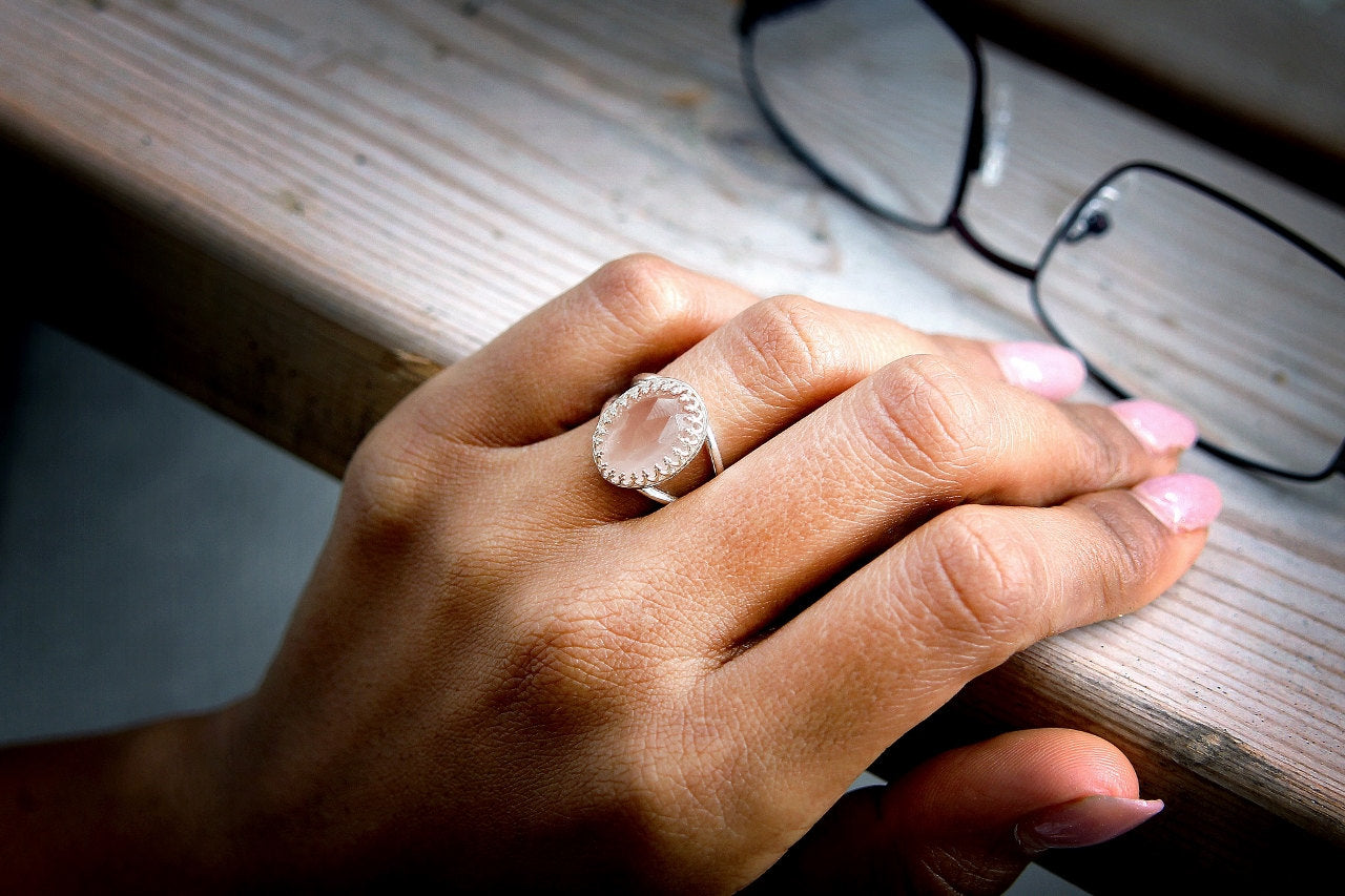 Chic 14x10mm Rose Quartz in 925 Sterling Silver Rings Anemone Jewelry
