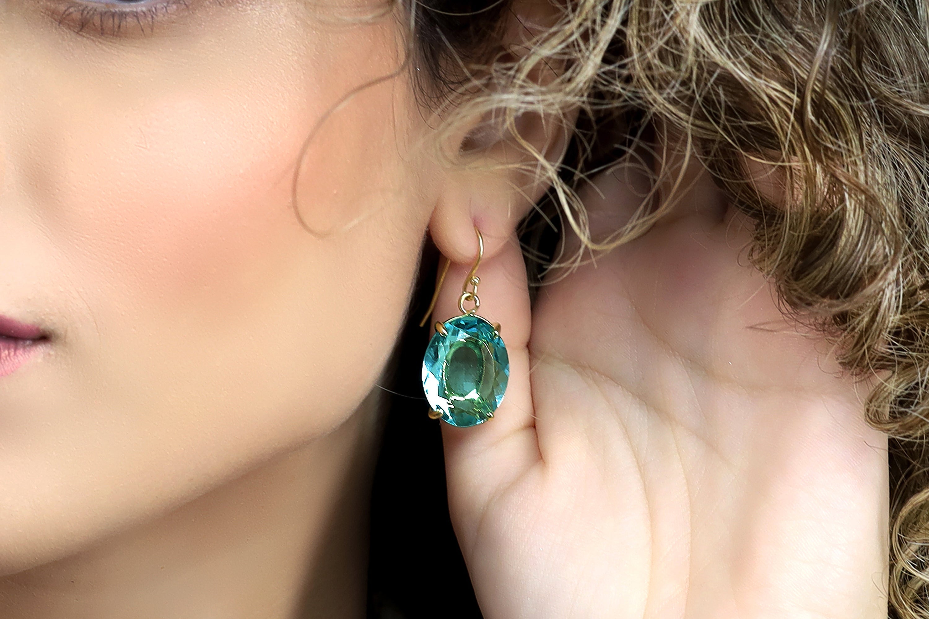 Gold Blue Tourmaline Oval Gemstone Dangle Earrings Earrings Anemone Jewelry