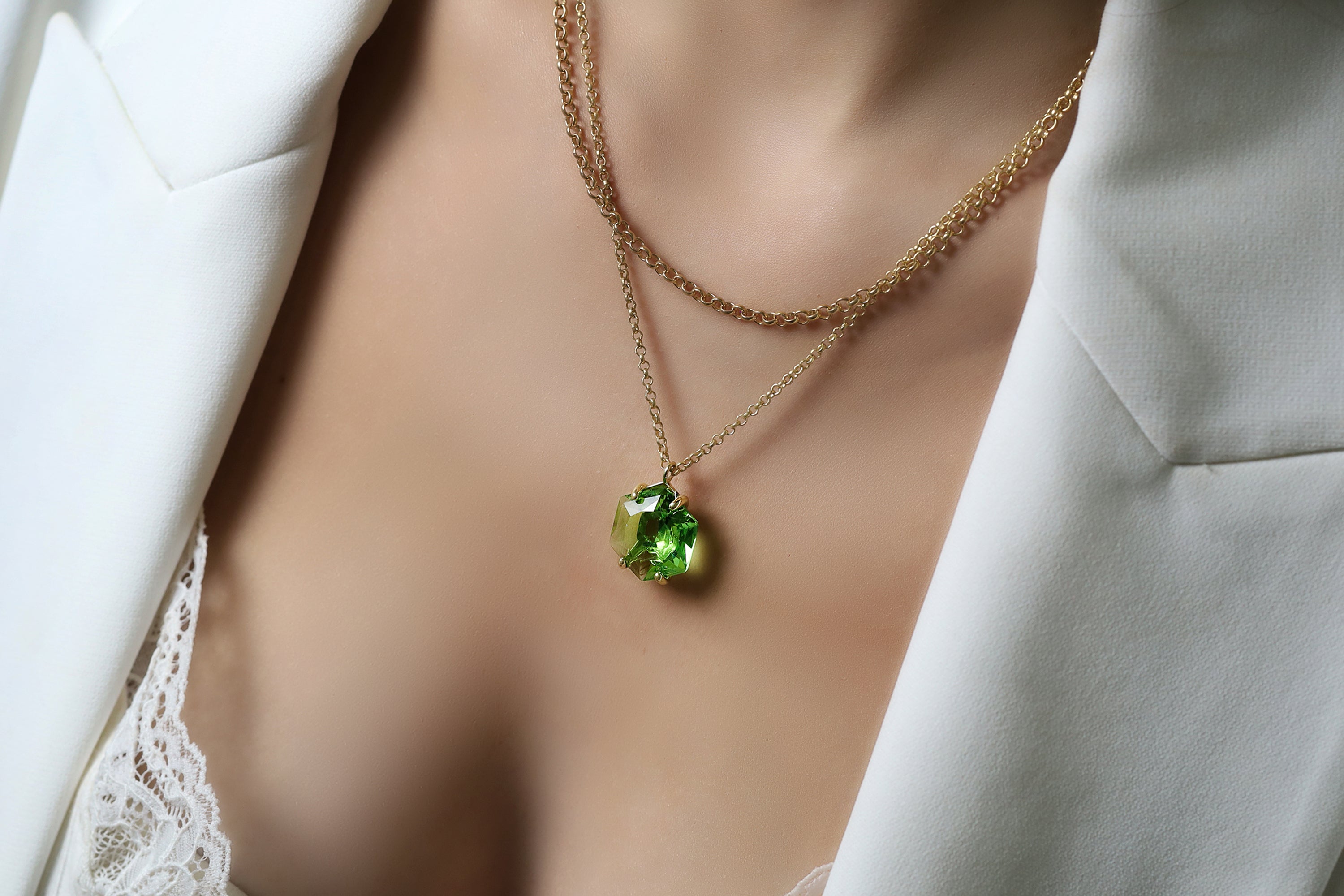 14k Gold Green Tourmaline Hexagon Cut Pendant Necklace necklaces Anemone Jewelry