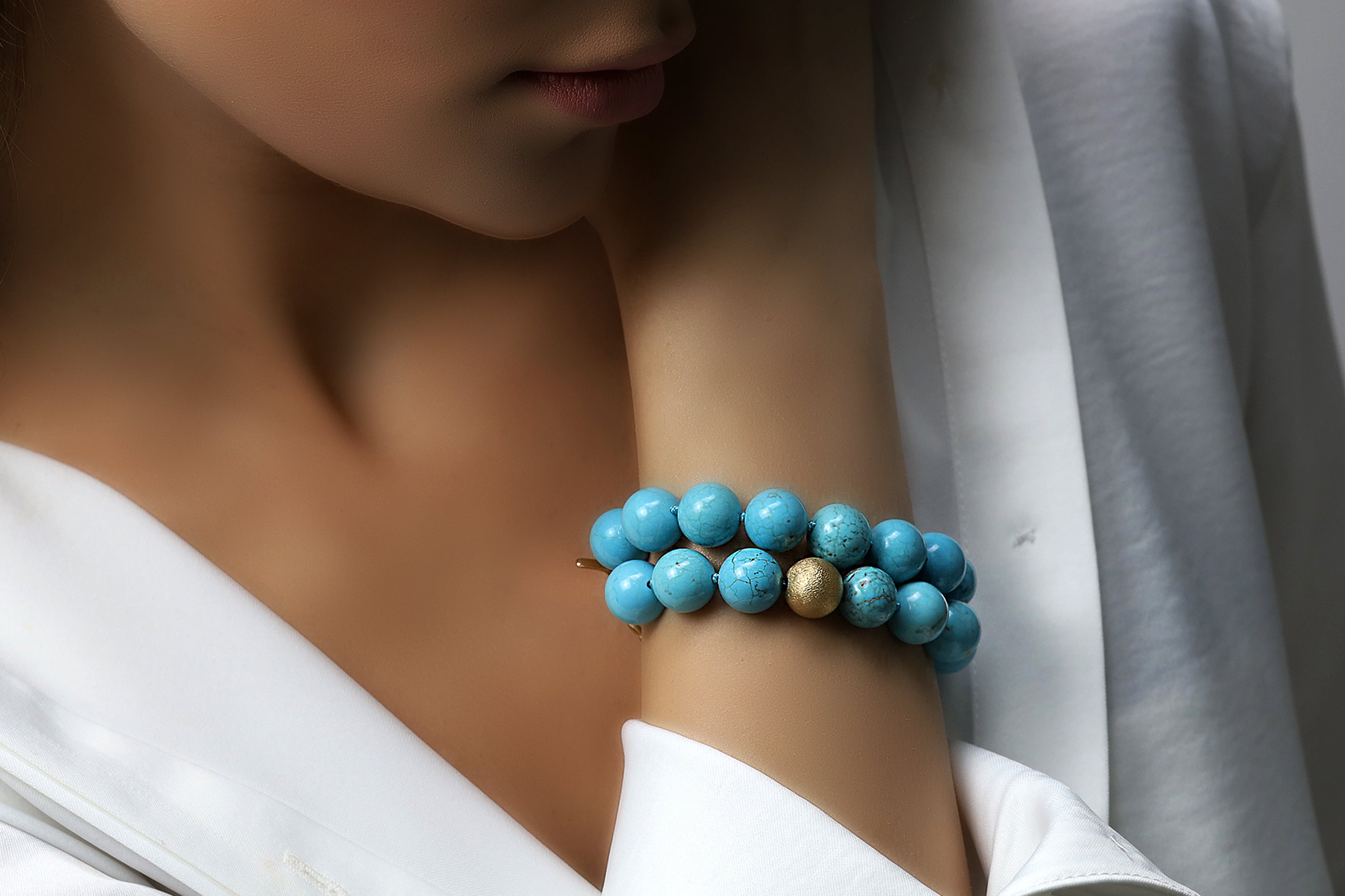 Turquoise Beaded Gold Bracelet with Brushed Gold Bead Bracelets Anemone Jewelry