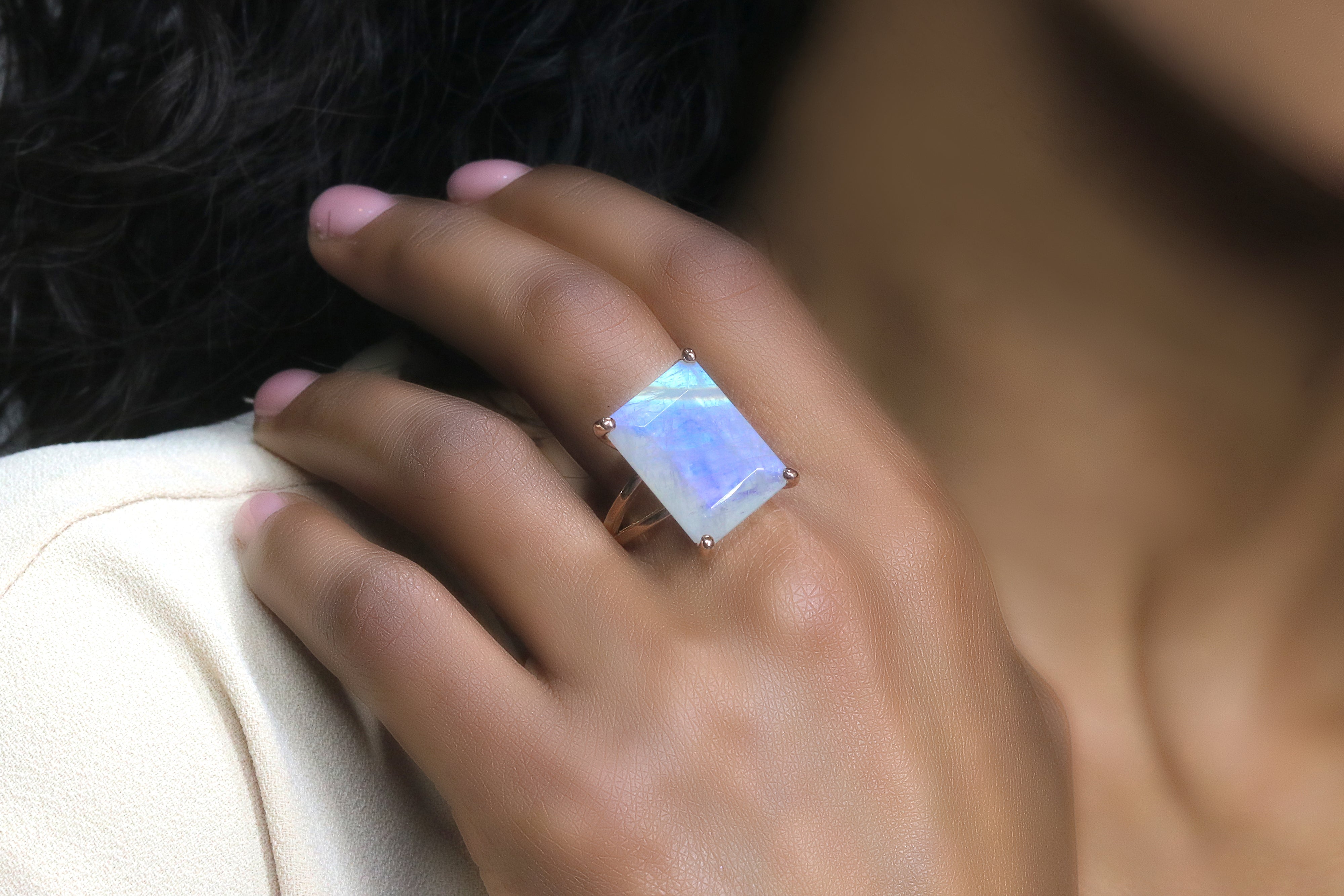 Rectangle Moonstone Ring in 14k Gold Prongs Rings Anemone Jewelry