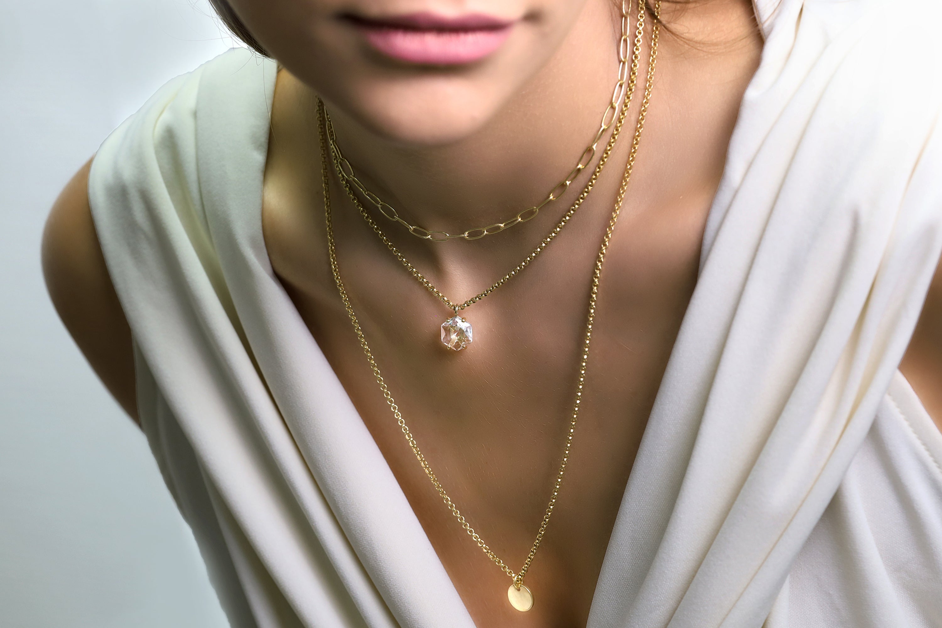 Clear Quartz Hexagon Pendant Gold Necklace necklaces Anemone Jewelry