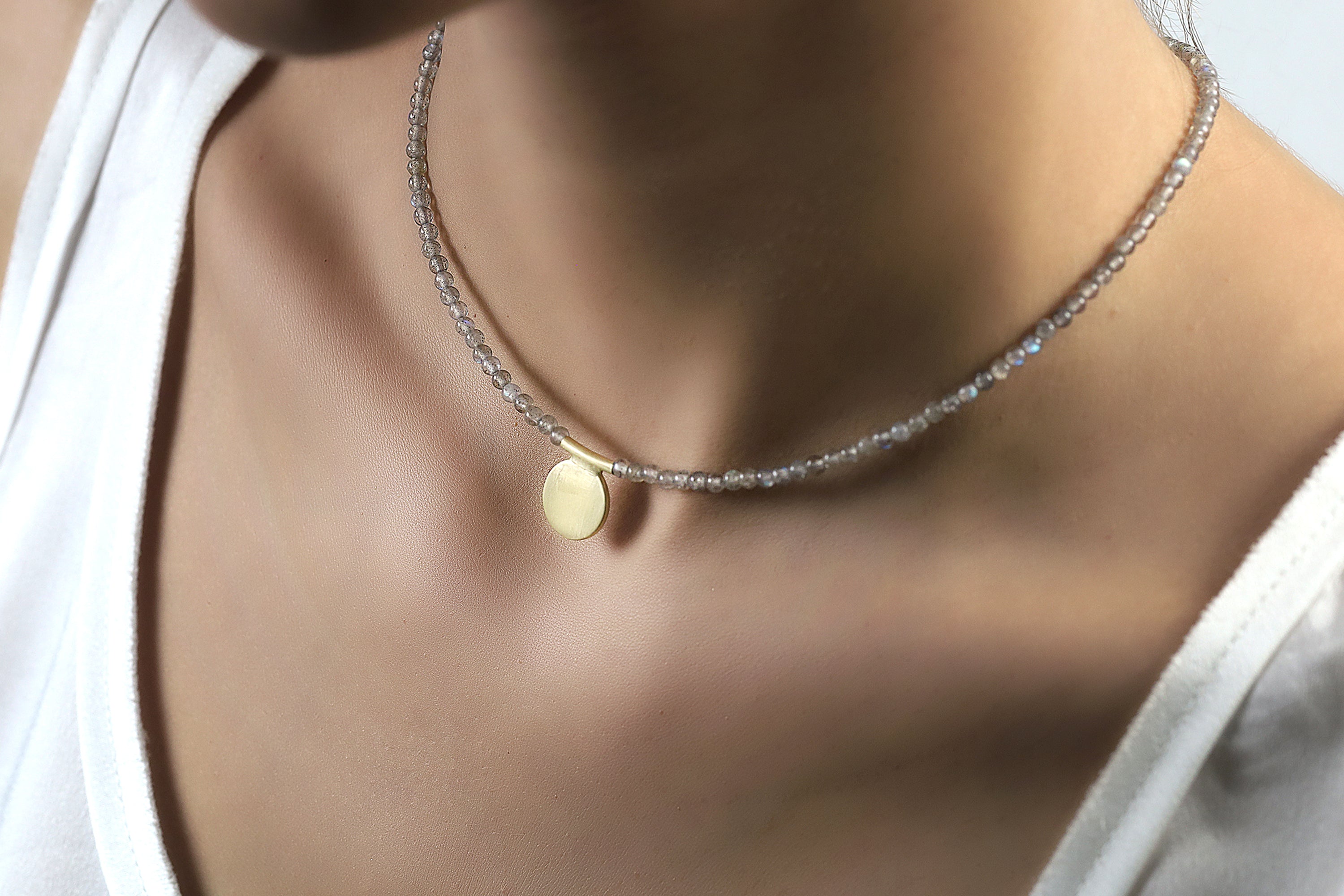 Labradorite Beaded Gold Necklace with Coin In The Center necklaces Anemone Unique