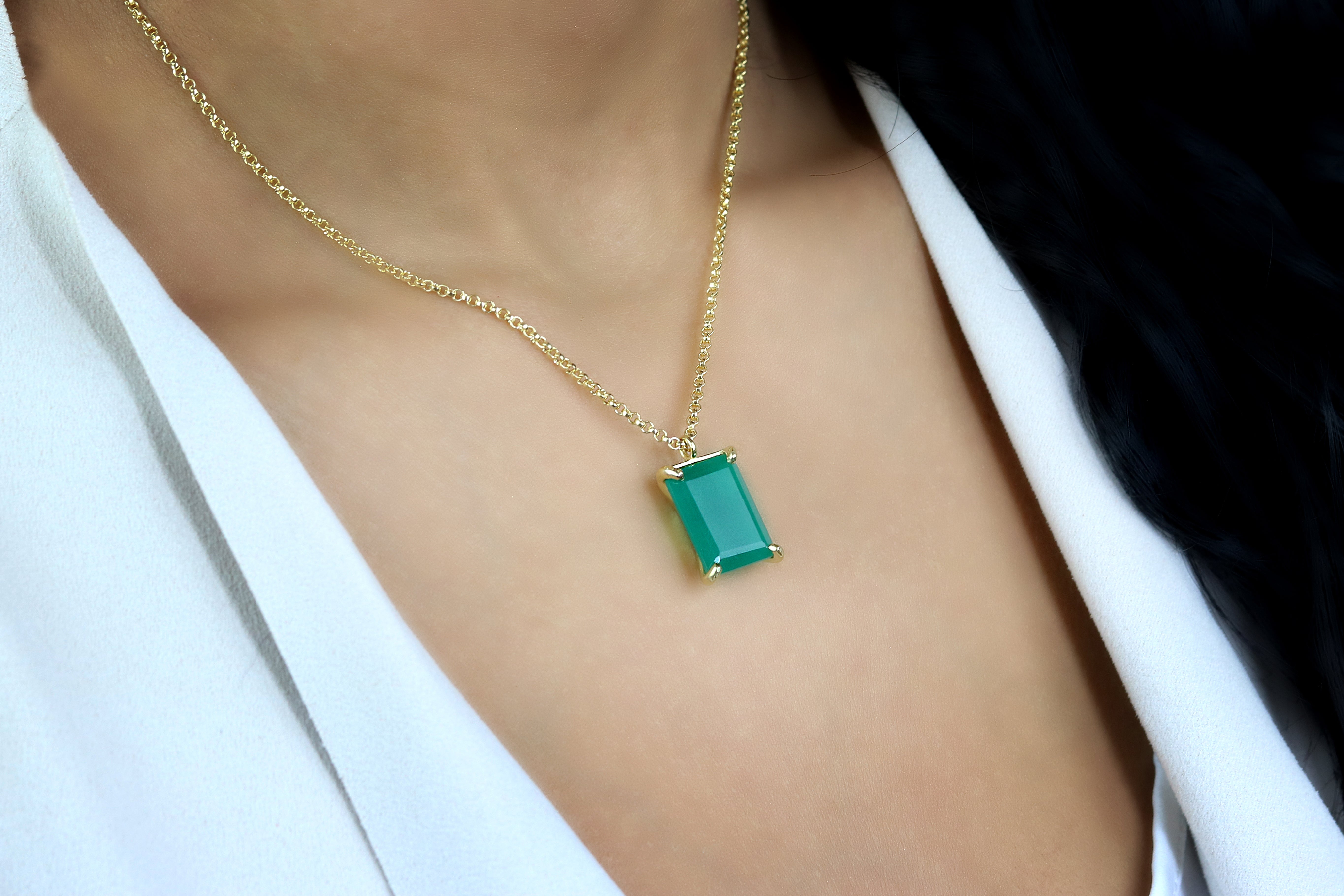 Rectangle Pendant Green Onyx Gold Necklace necklaces Anemone Jewelry