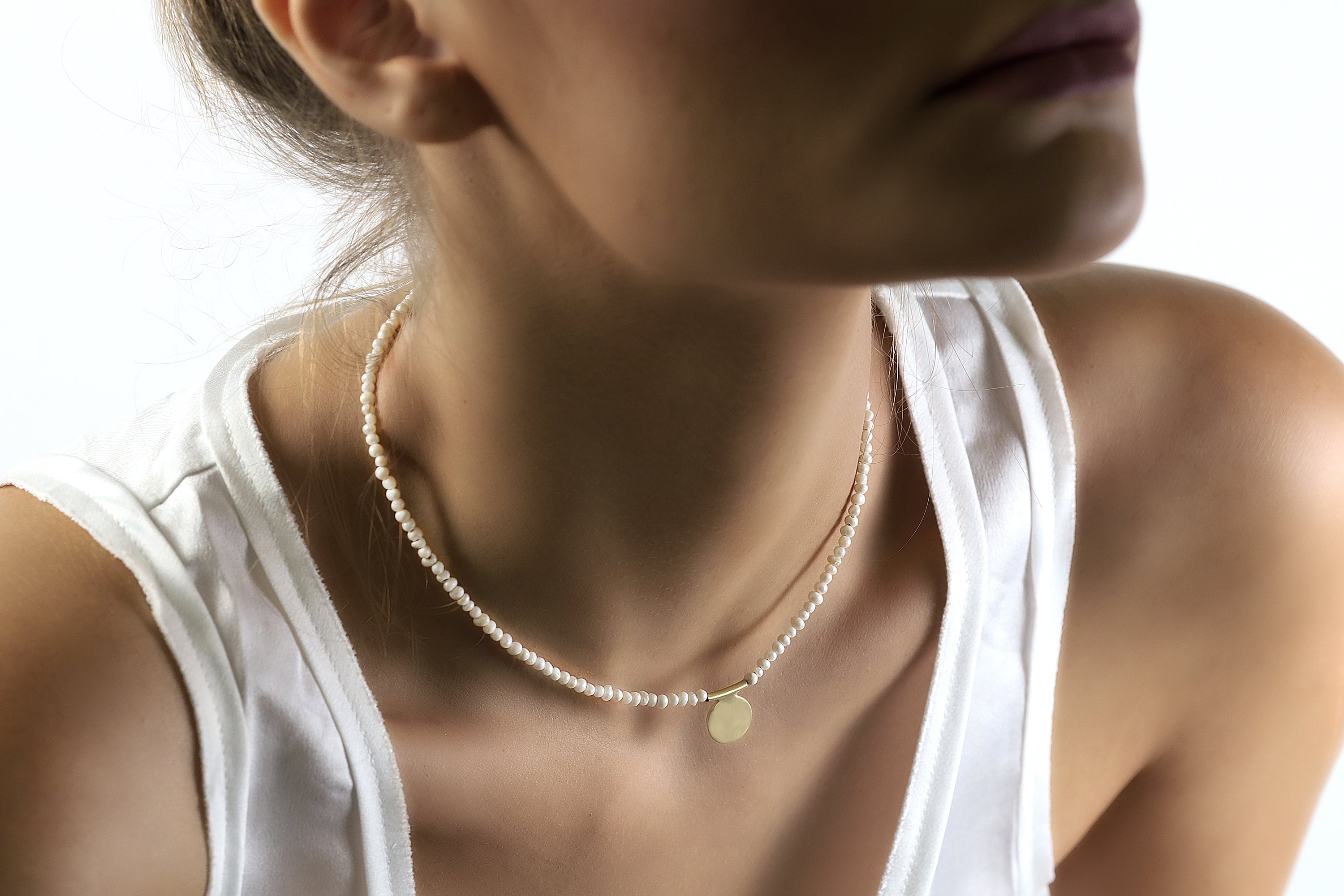 Freshwater Pearl Necklace with Brushed Gold Coin Centerpiece necklaces Anemone Unique