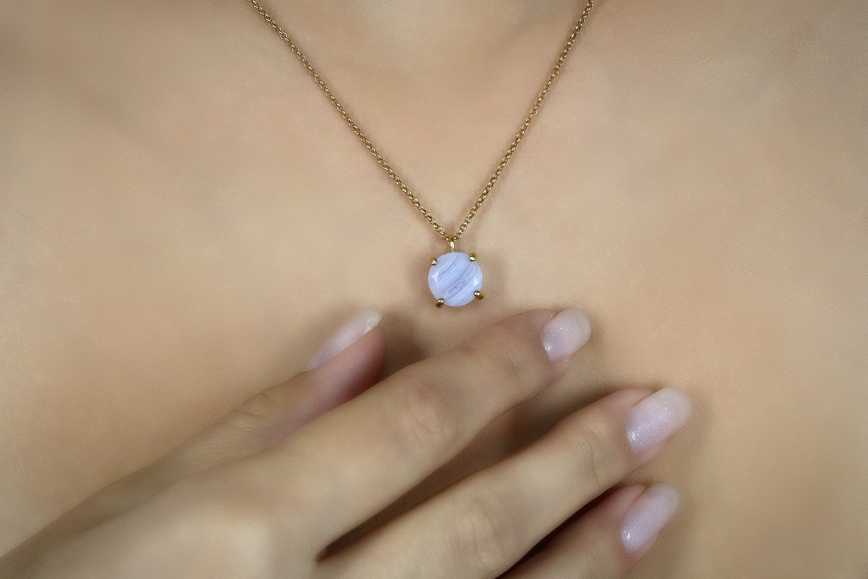 Lovely Round Blue Agate Necklace in Gold necklaces Anemone Unique