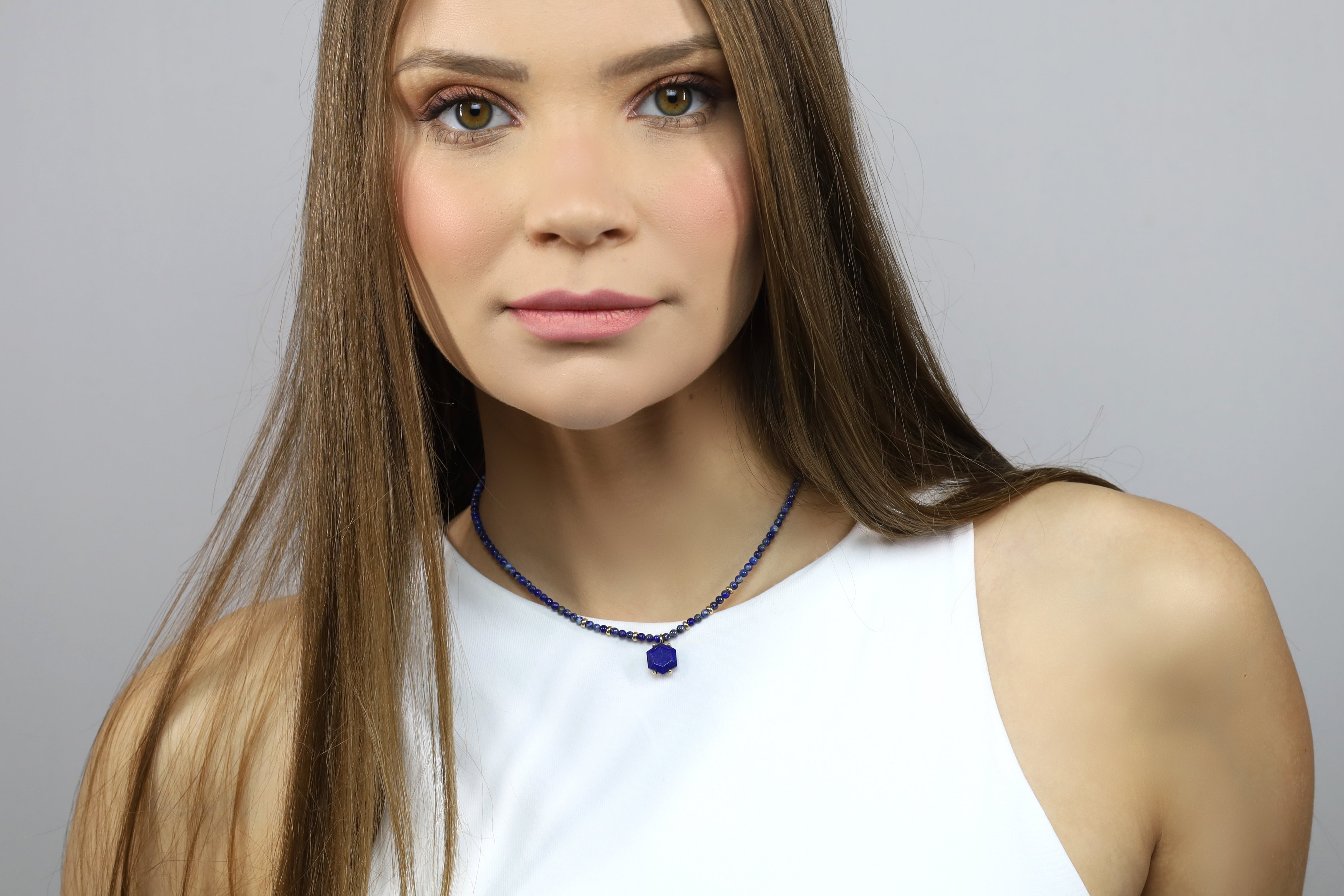 Lapis Lazuli Pendant Beaded Gold Necklace necklaces Anemone Jewelry