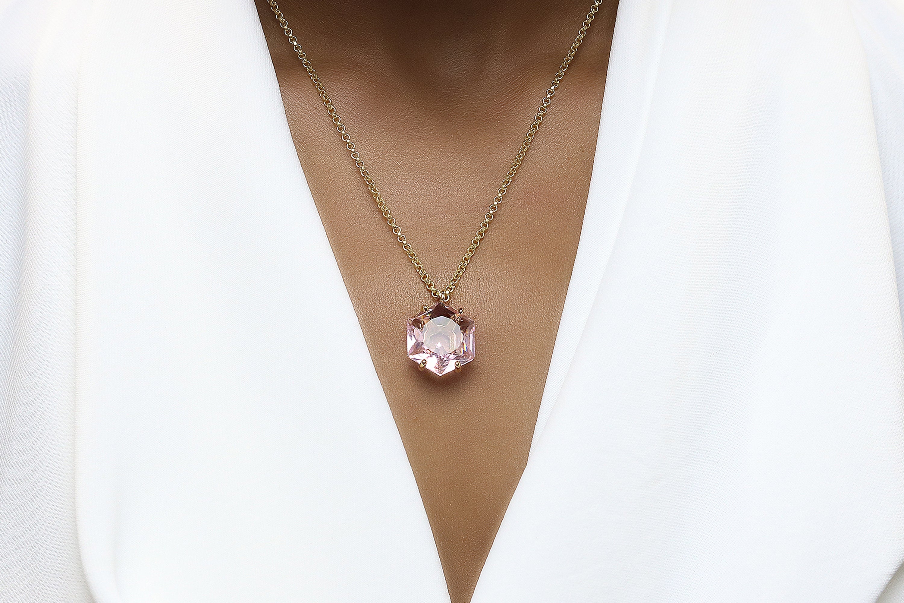 Charming Hexagon Rose Quartz Rose Gold Necklace necklaces Anemone Jewelry