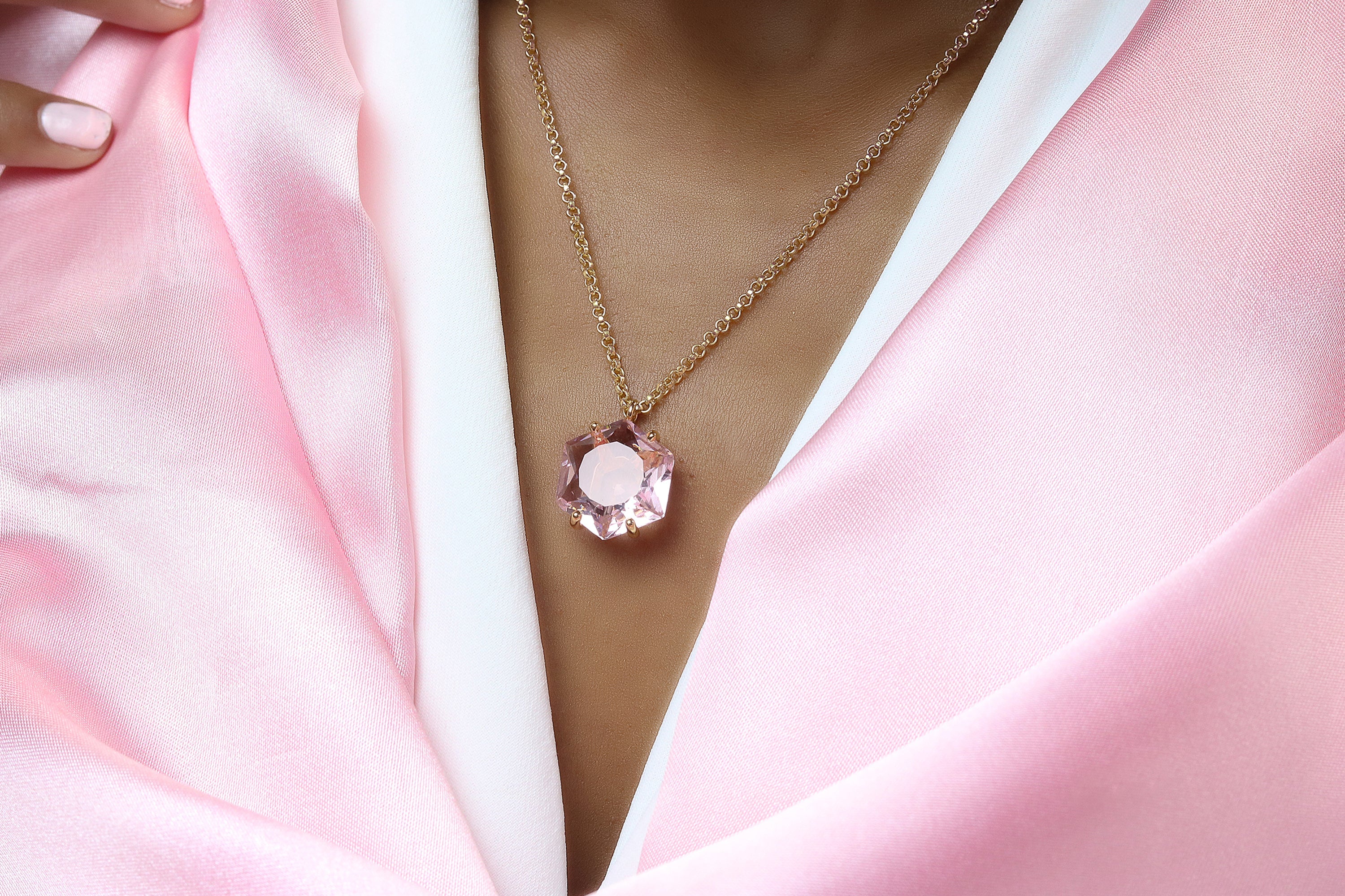 Charming Hexagon Rose Quartz Rose Gold Necklace necklaces Anemone Jewelry