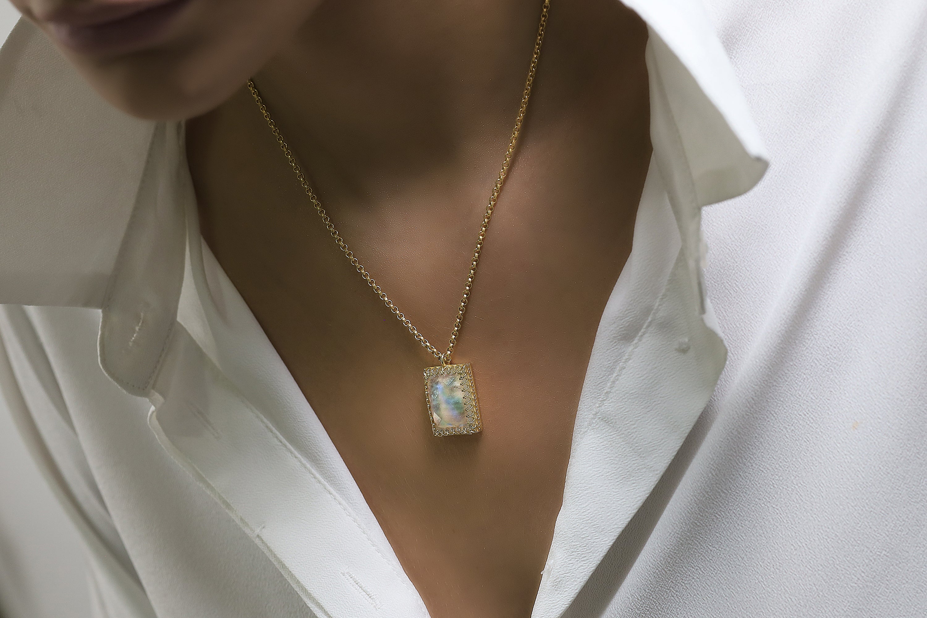 Dazzling Rainbow Moonstone Gold Necklace necklaces Anemone Jewelry