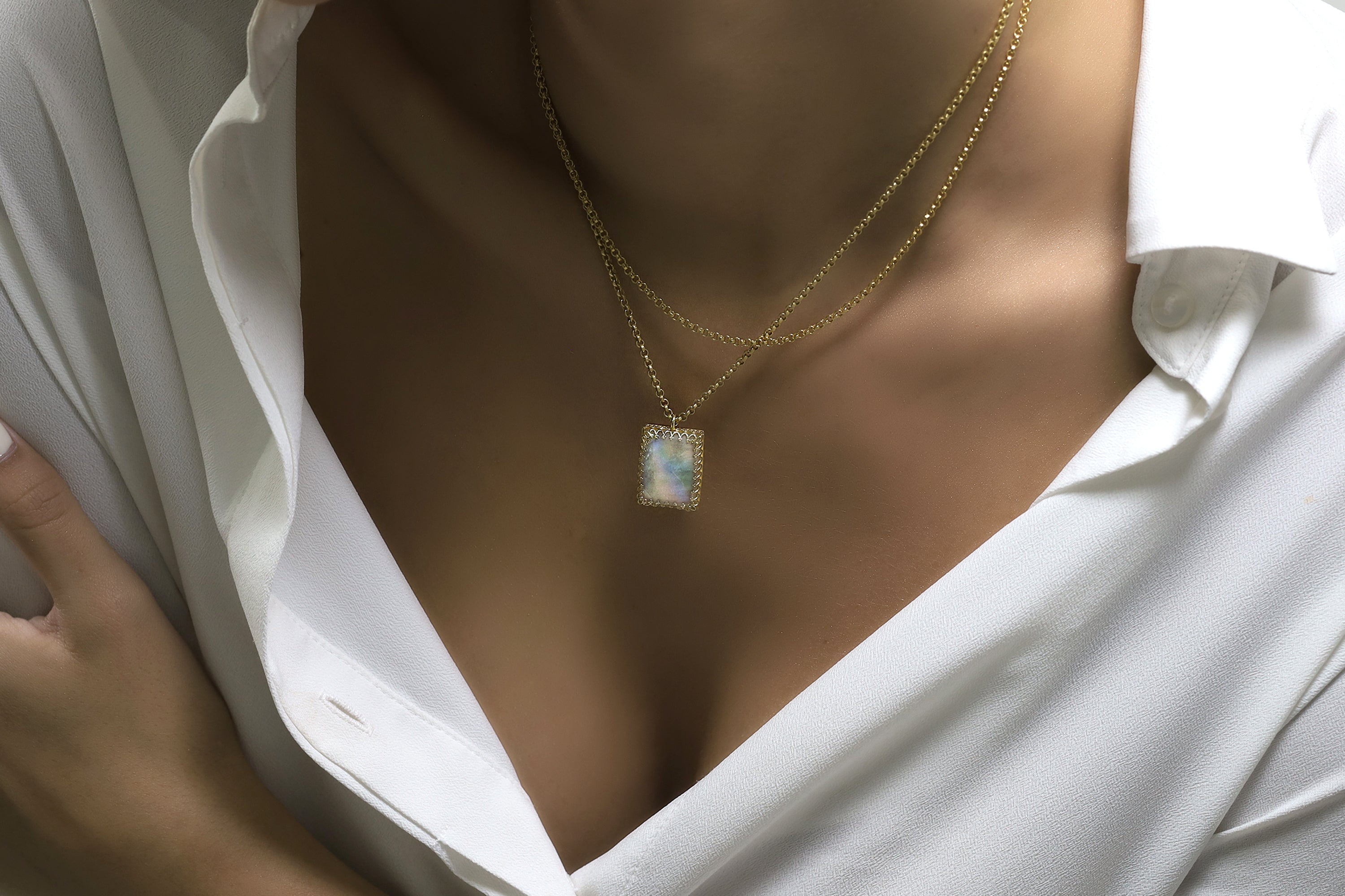 Dazzling Rainbow Moonstone Gold Necklace necklaces Anemone Jewelry