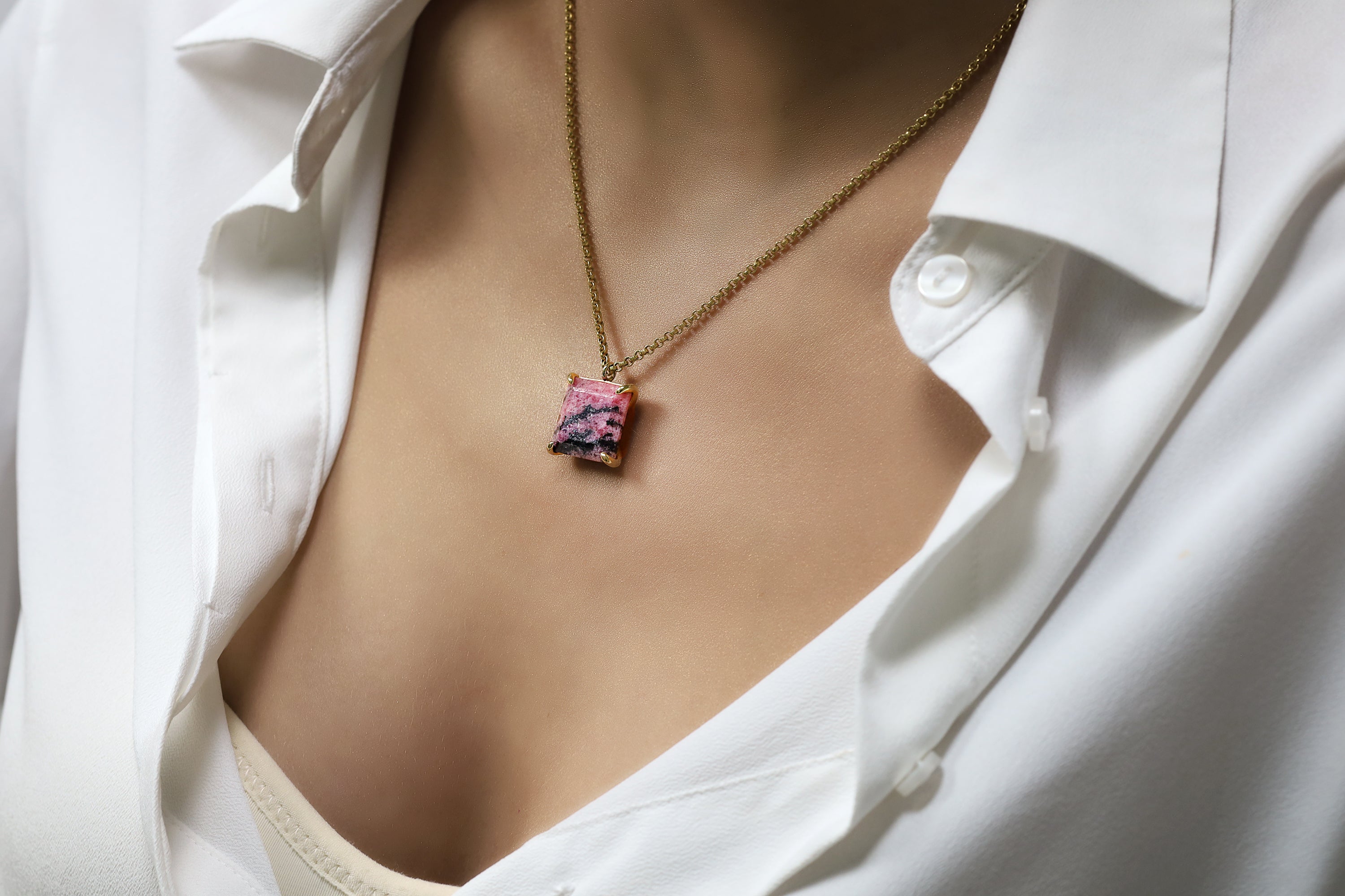 Fascinating Square Rhodonite Pendant Necklace in 14k Gold Filled necklaces Anemone Jewelry