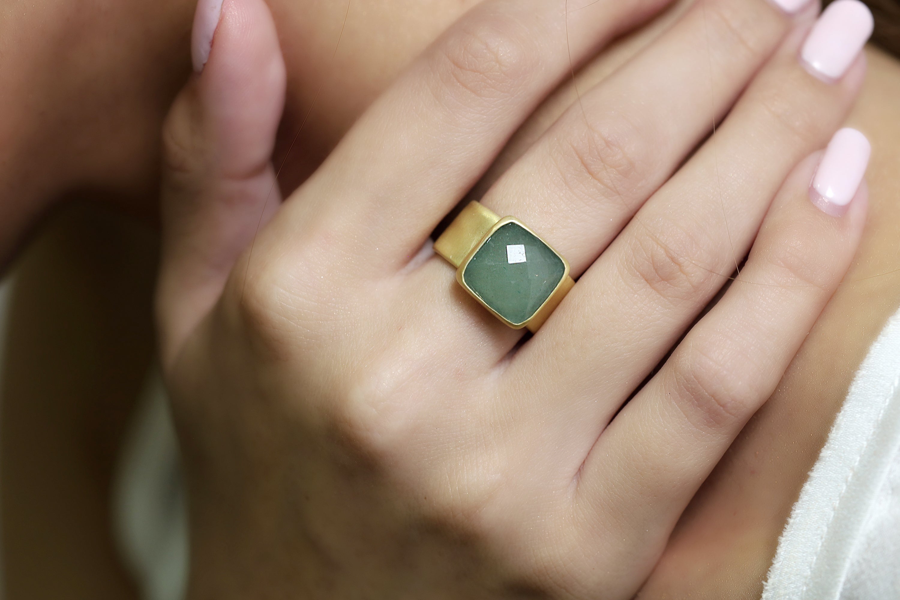 Thick Band Bezel Set Green Aventurine Gold Ring Rings Anemone Limited