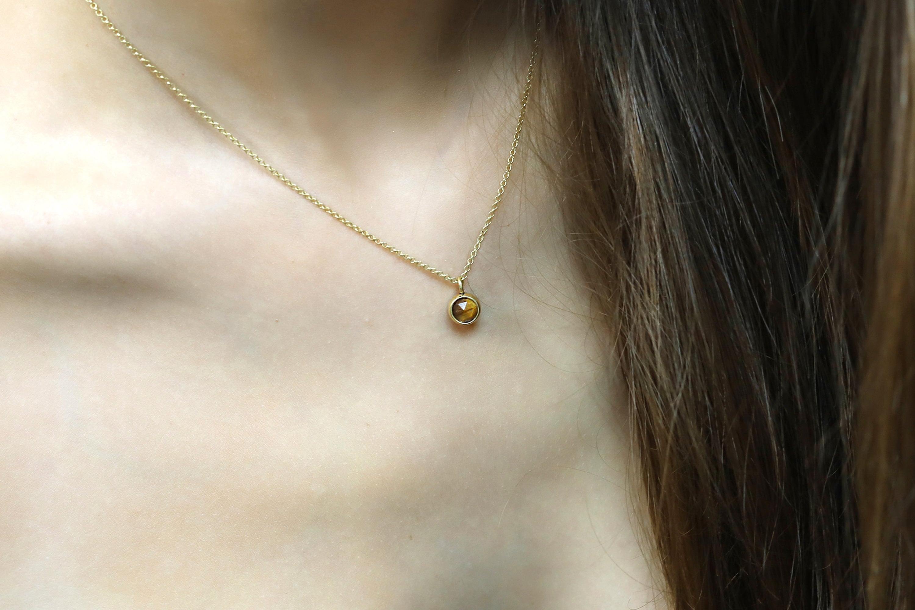 Round Bezel Set Tiger Eye Pendant Necklace in Gold necklaces Anemone Limited