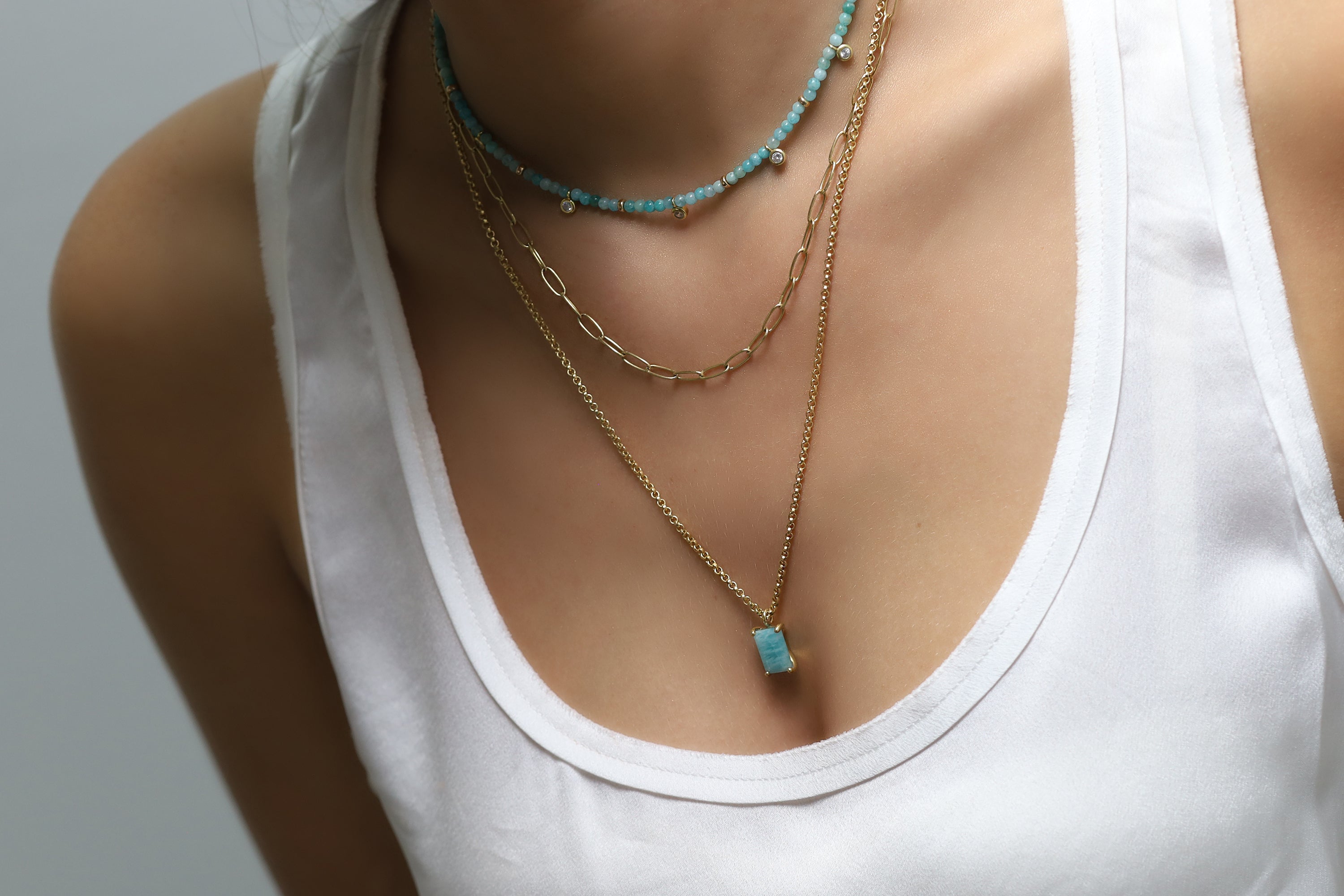 Amazonite Beaded Gold Necklace with Small CZ Charms necklaces Anemone Unique