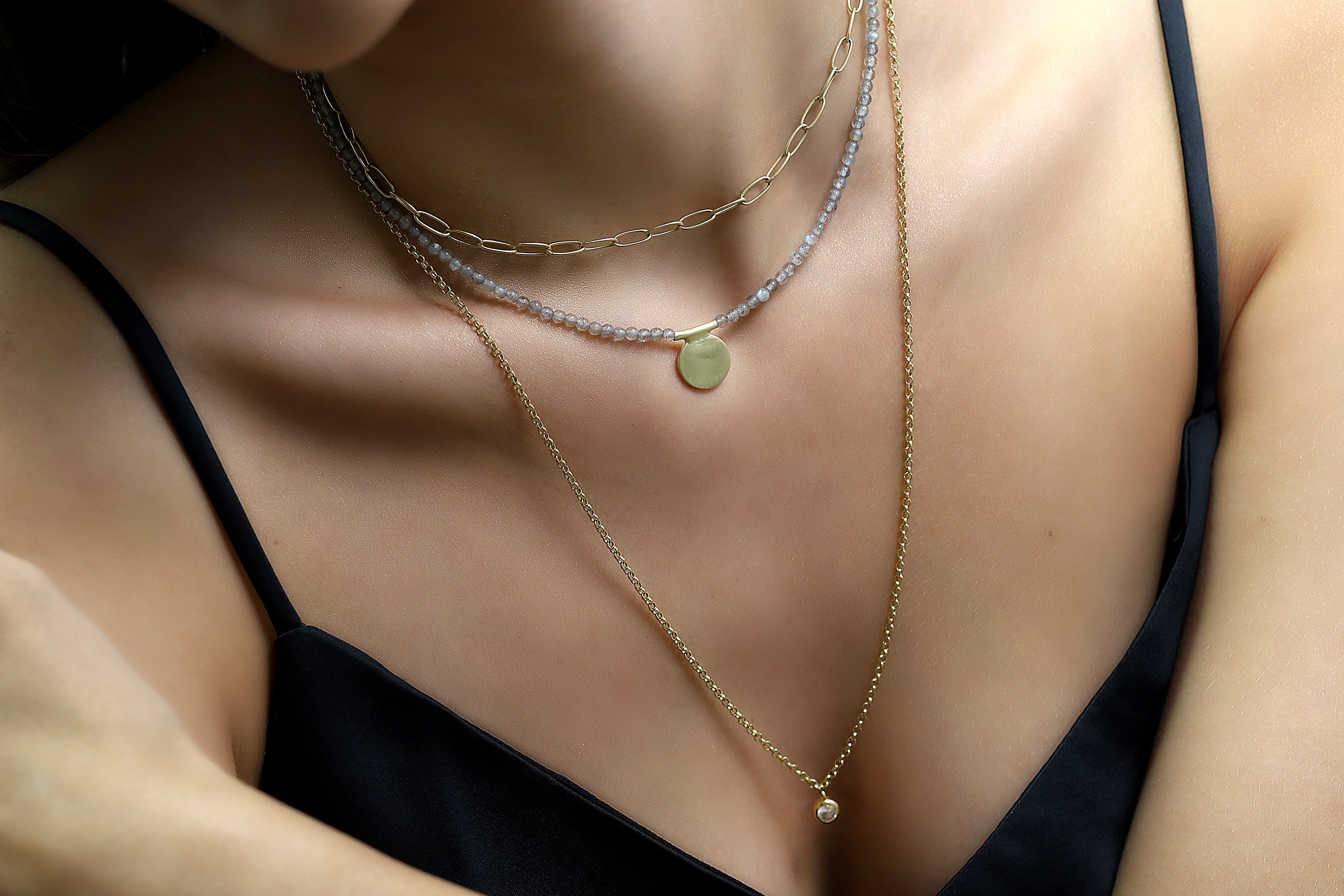 Labradorite Beaded Gold Necklace with Coin In The Center necklaces Anemone Unique