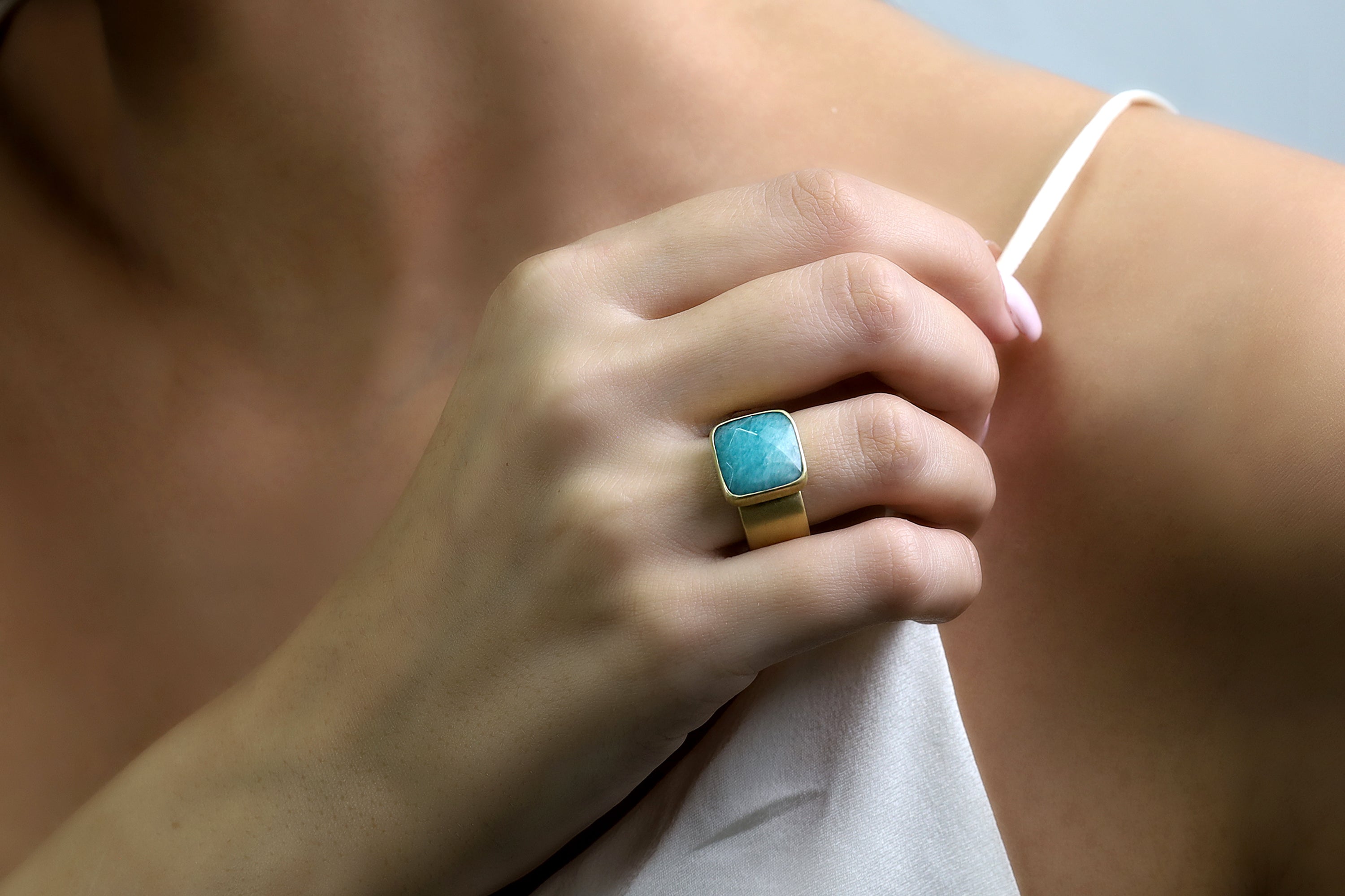Thick Wide Amazonite Square Gemstone Gold Ring Rings Anemone Limited