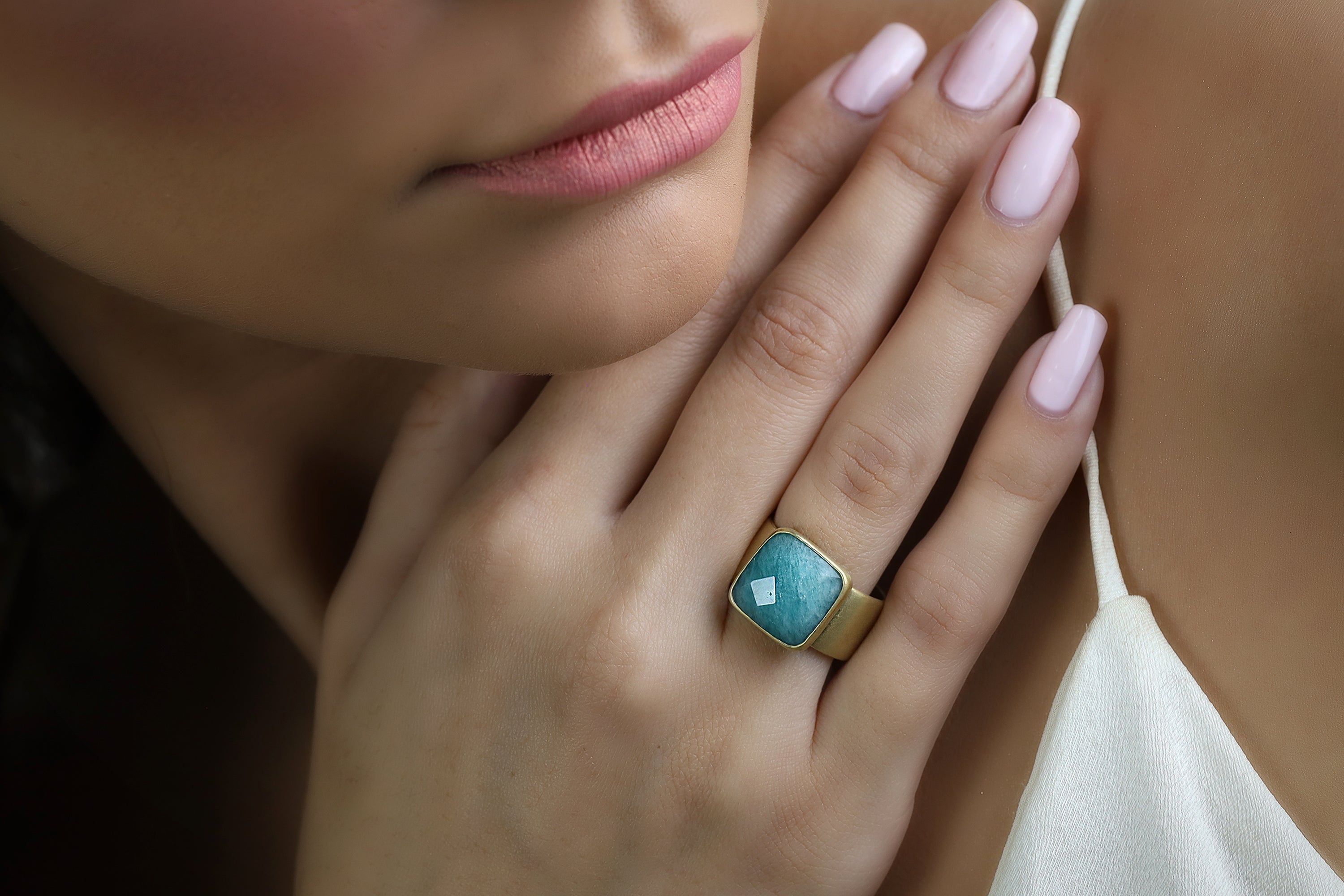 Thick Wide Amazonite Square Gemstone Gold Ring Rings Anemone Limited