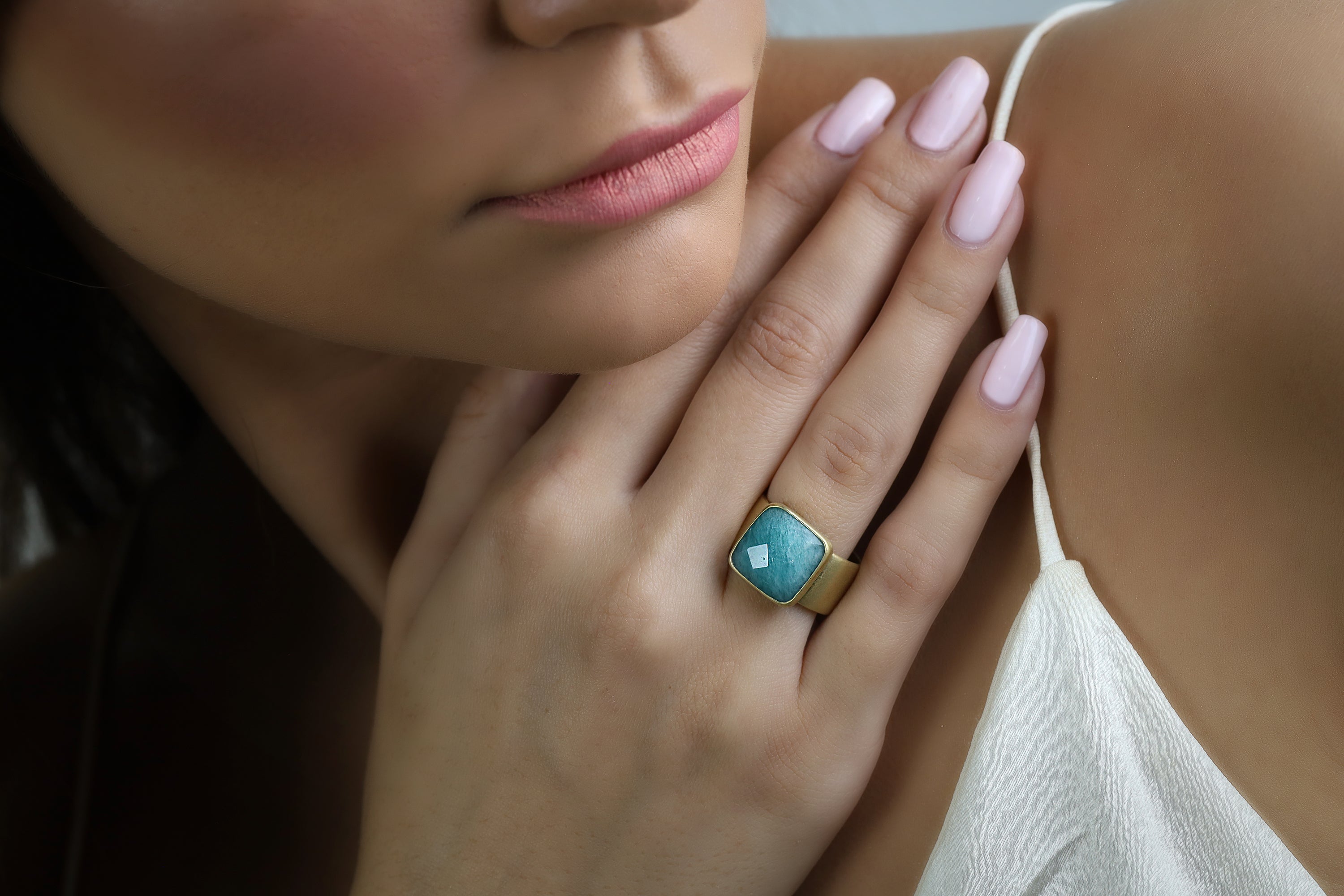 Thick Wide Amazonite Square Gemstone Gold Ring Rings Anemone Limited