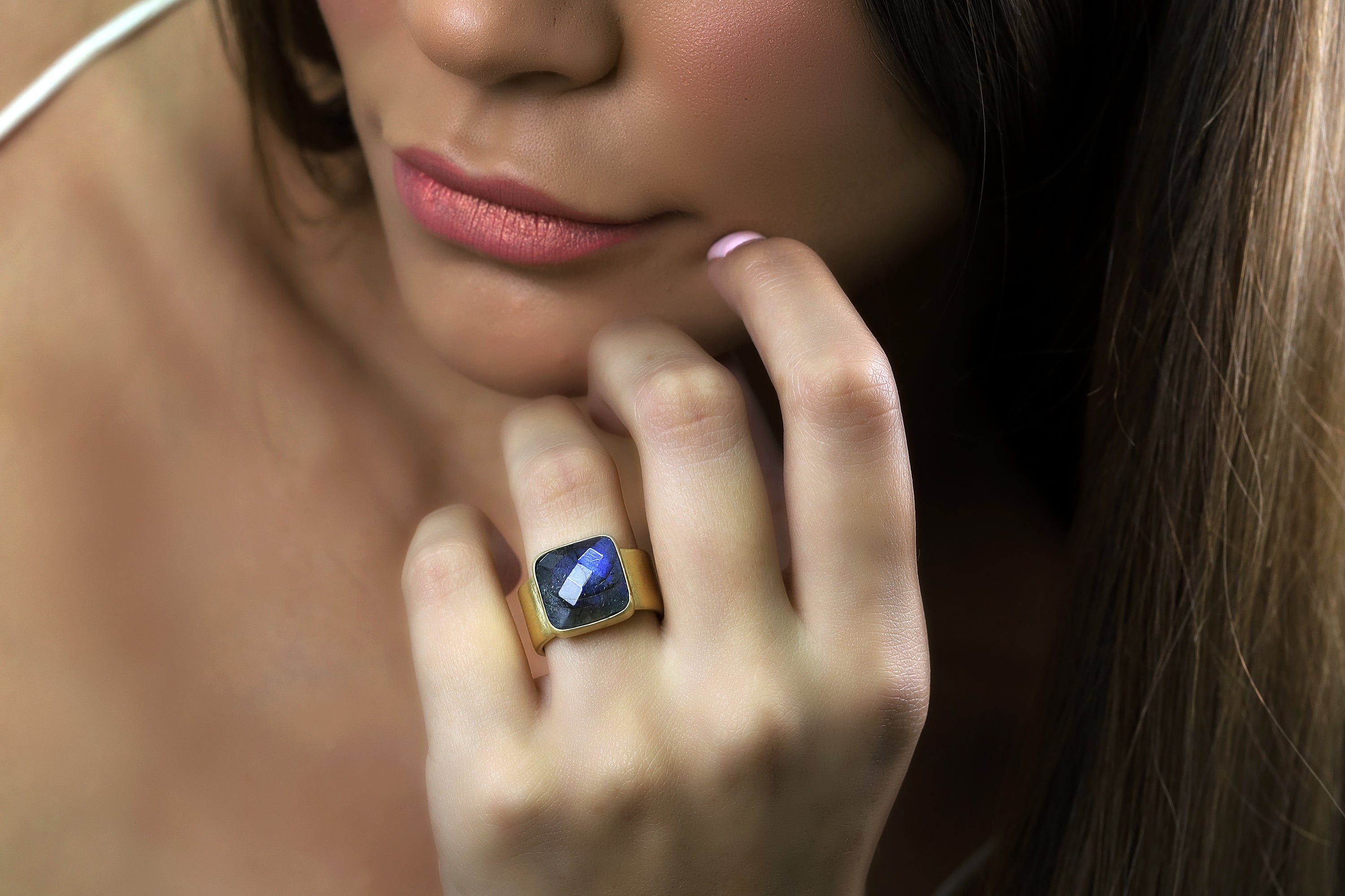 Thick Band Labradorite Square Gold Ring Rings Anemone Limited